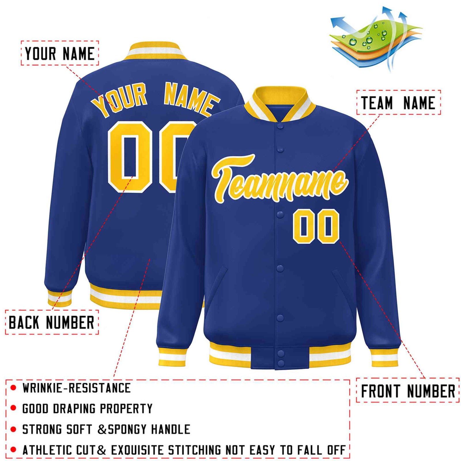 Custom Royal Gold-White Classic Style Varsity Full-Snap Letterman Jacket