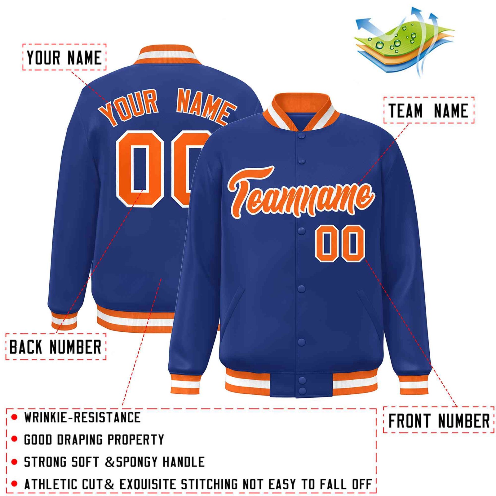 Custom Royal Orange-White Classic Style Varsity Full-Snap Letterman Jacket