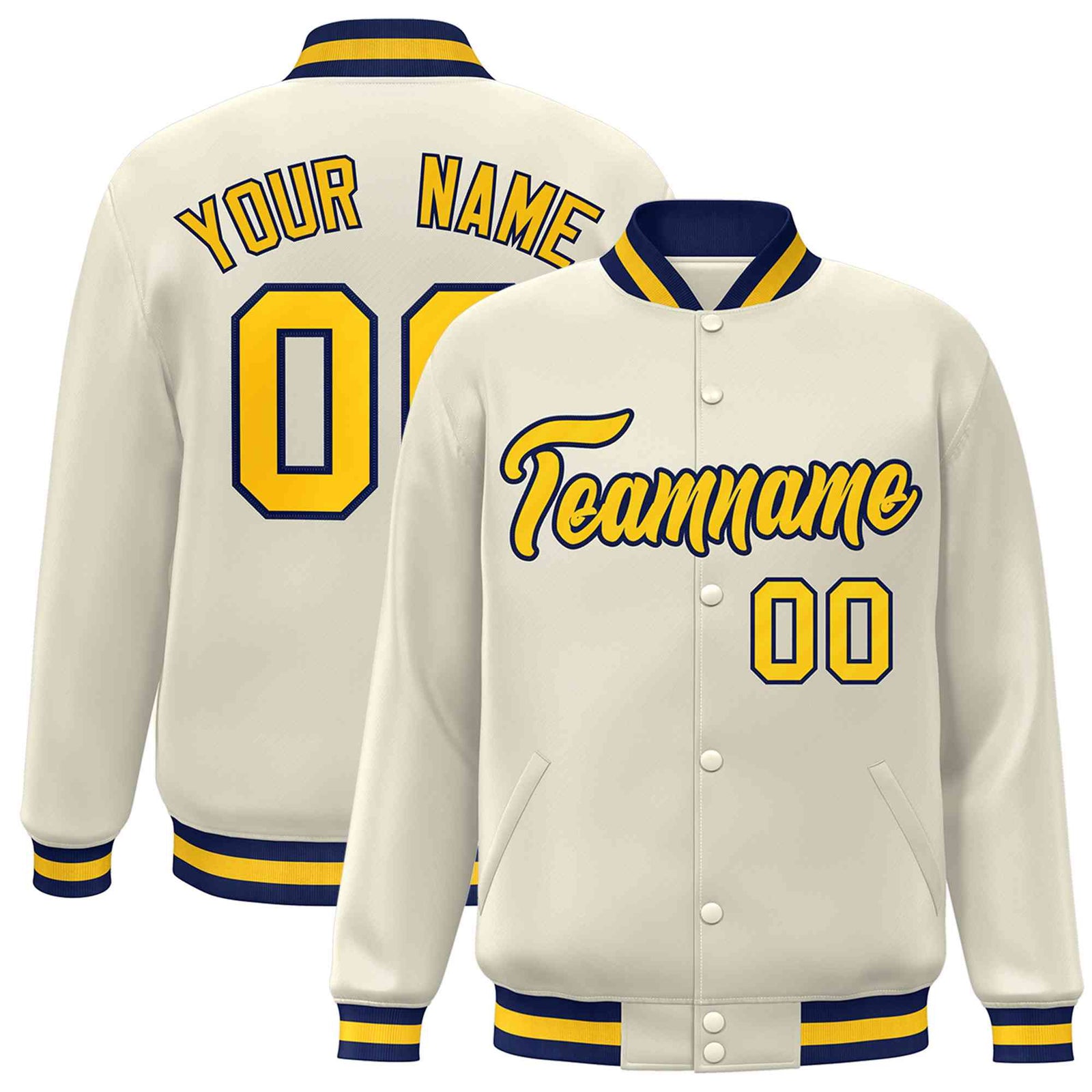 Custom Khaki Gold-Navy Classic Style Varsity Full-Snap Letterman Jacket