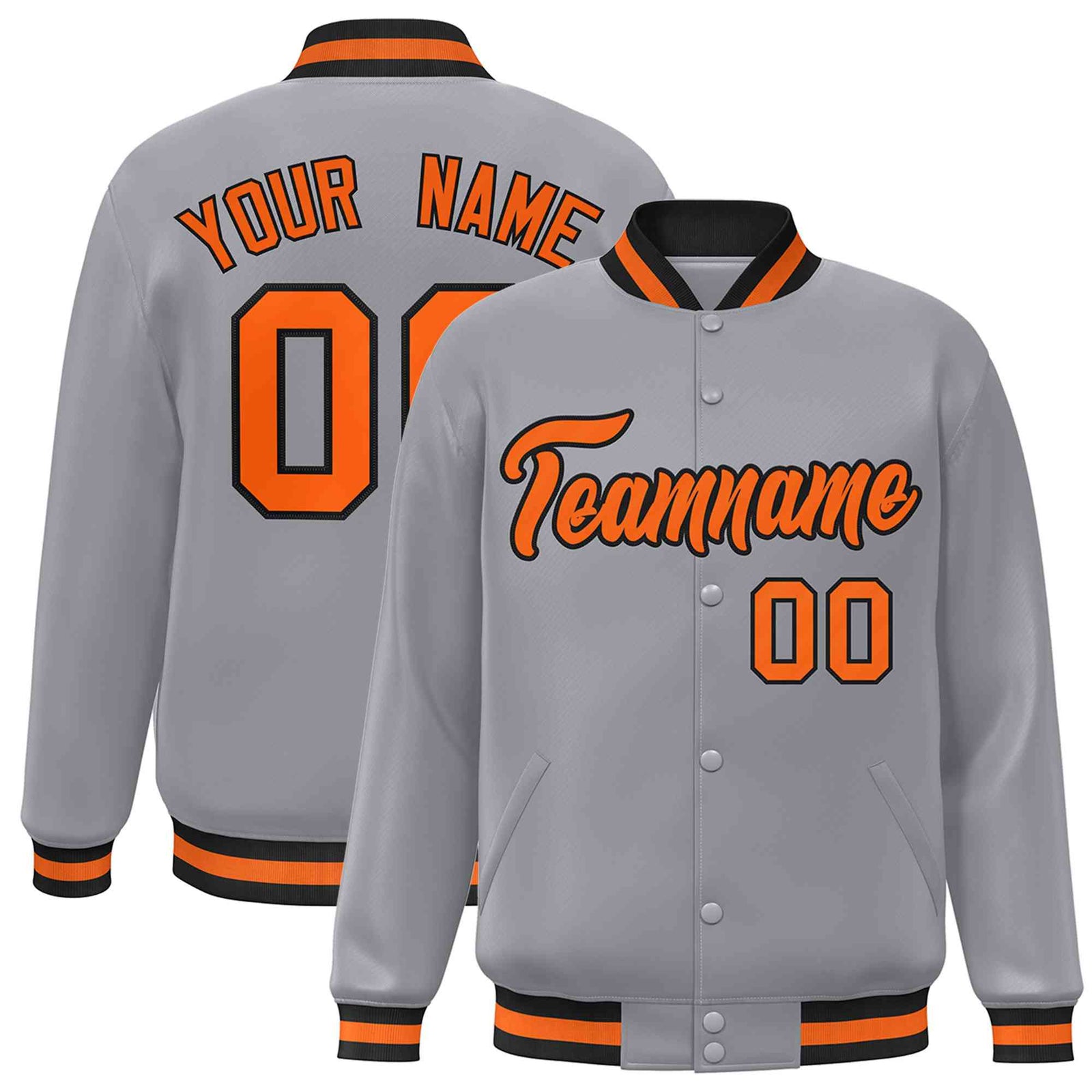 Custom Gray Orange-Black Classic Style Varsity Full-Snap Letterman Jacket