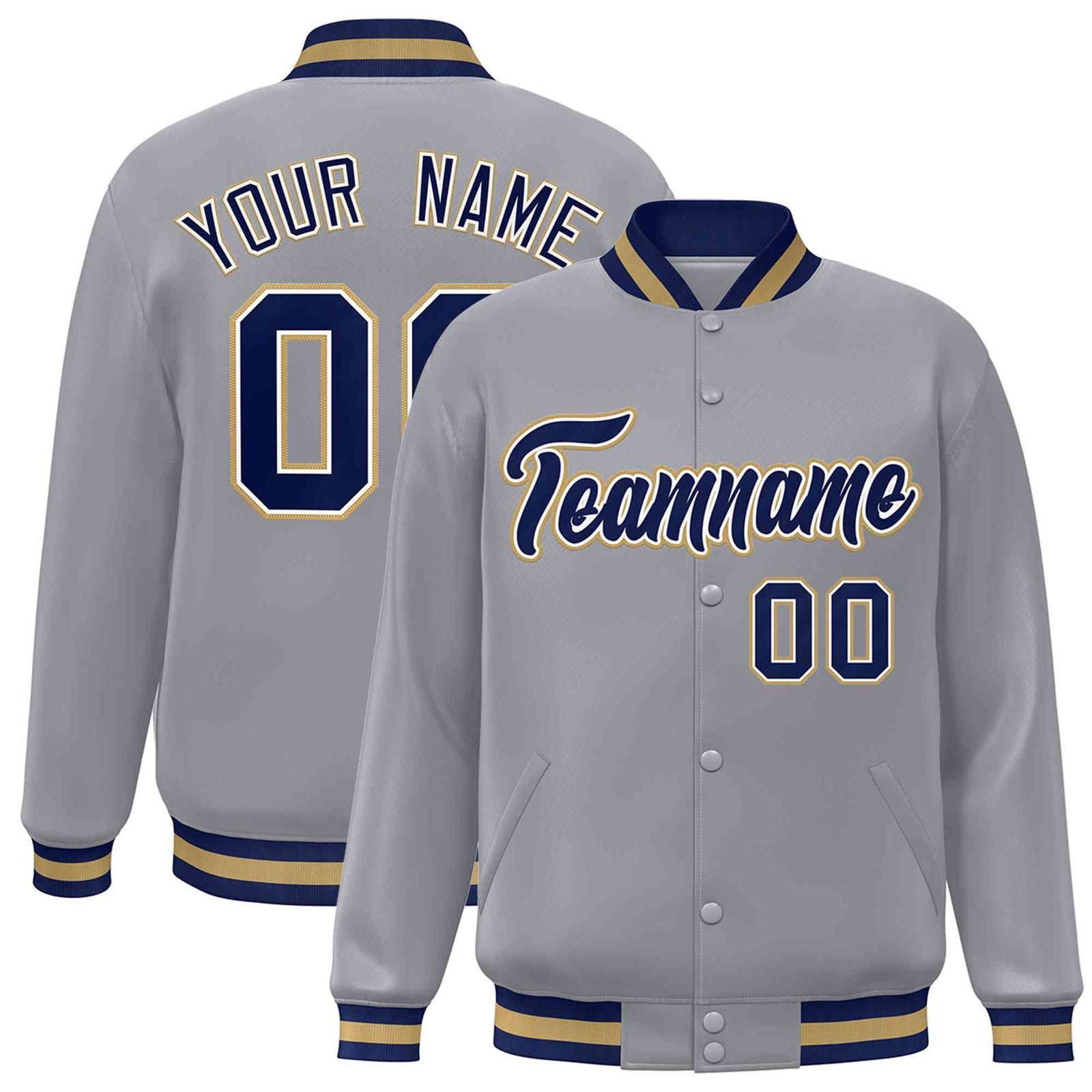 Custom Gray Navy-White Classic Style Varsity Full-Snap Letterman Jacket