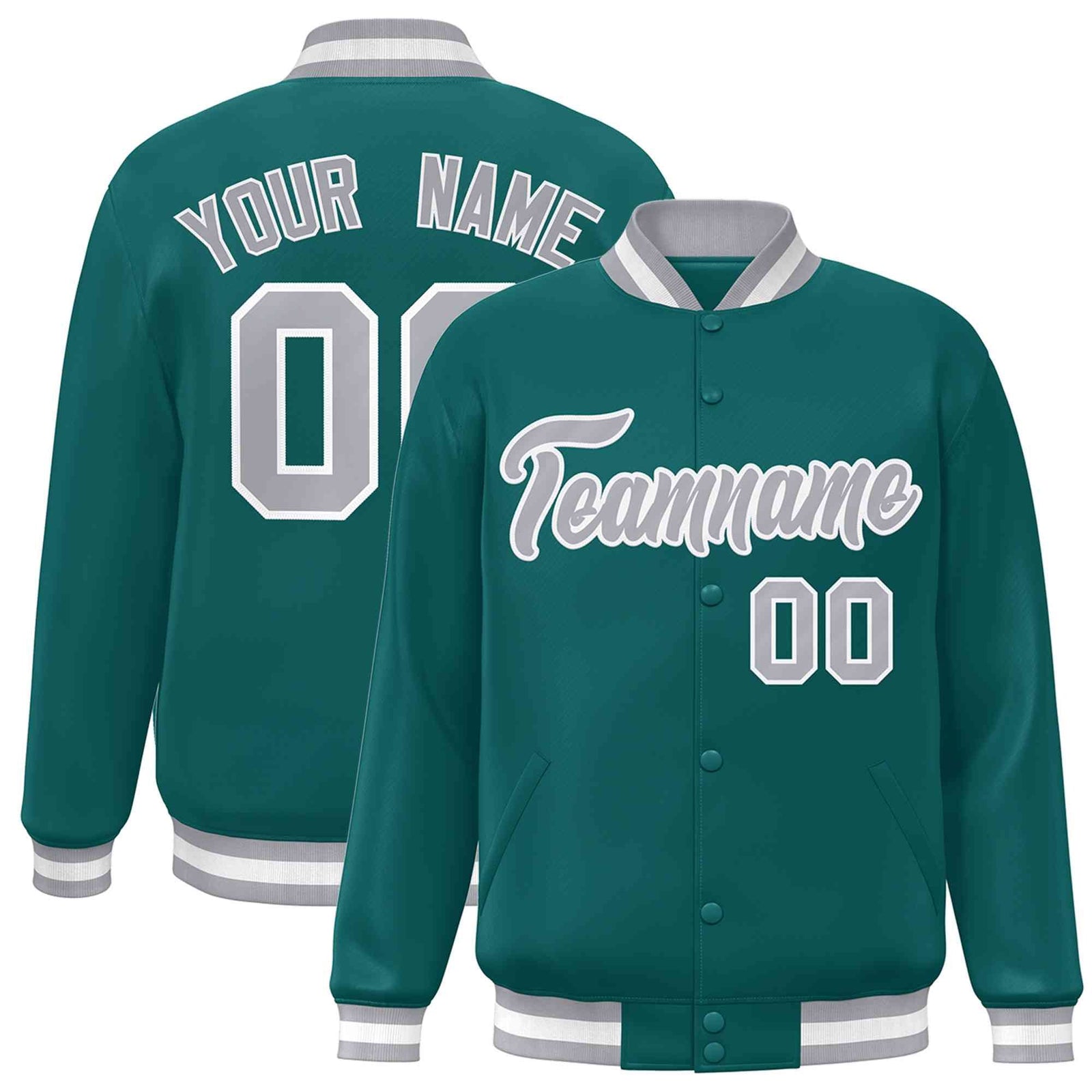 Custom Aqua Gray-White Classic Style Varsity Full-Snap Letterman Jacket