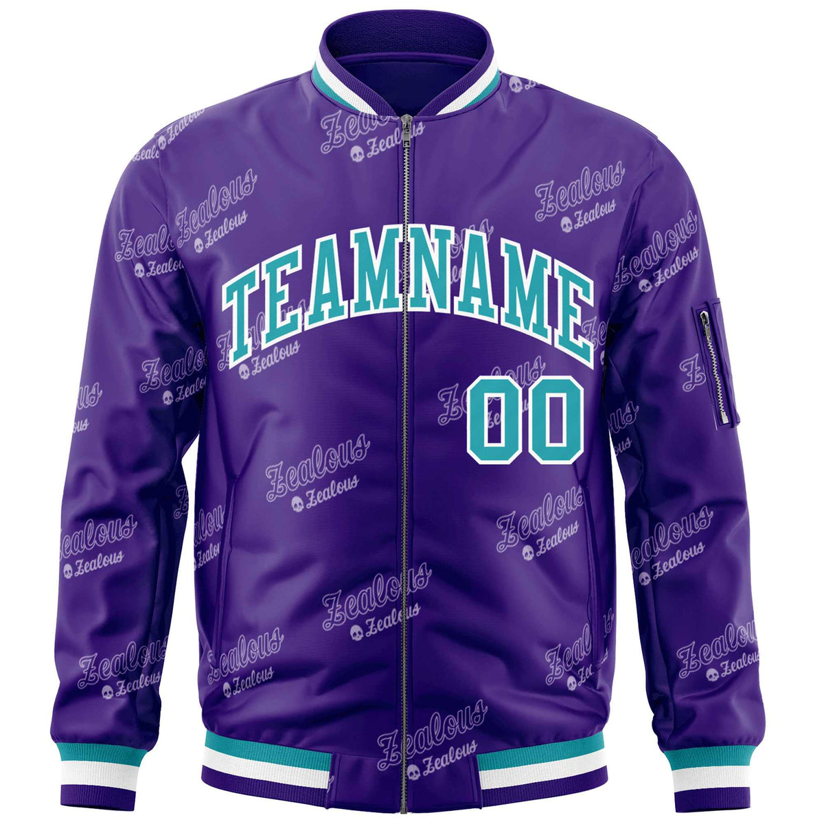 Custom Purple Aqua-White Letter Full-Zip Varsity Bomber Jacket