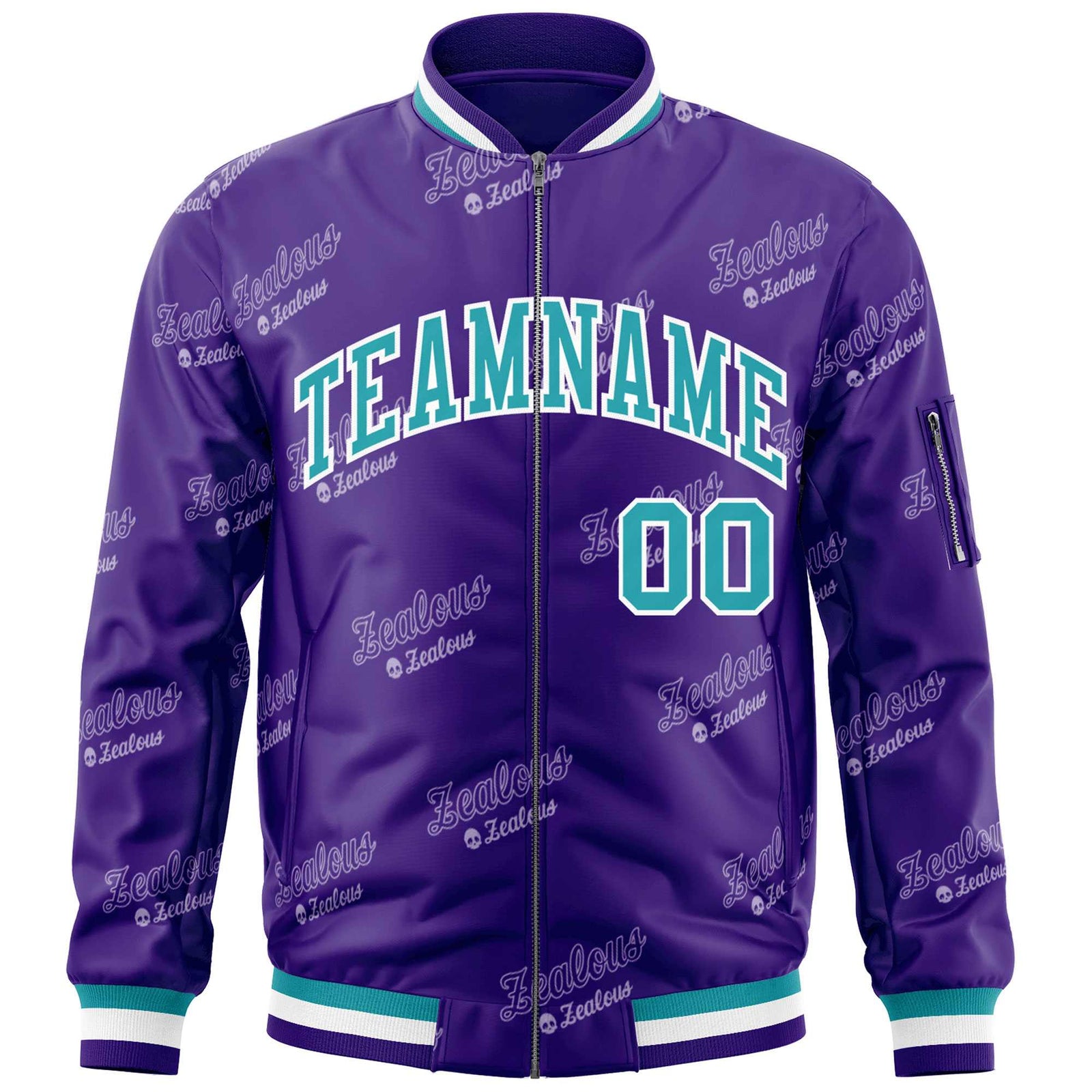 Custom Purple Aqua-White Letter Full-Zip Varsity Bomber Jacket