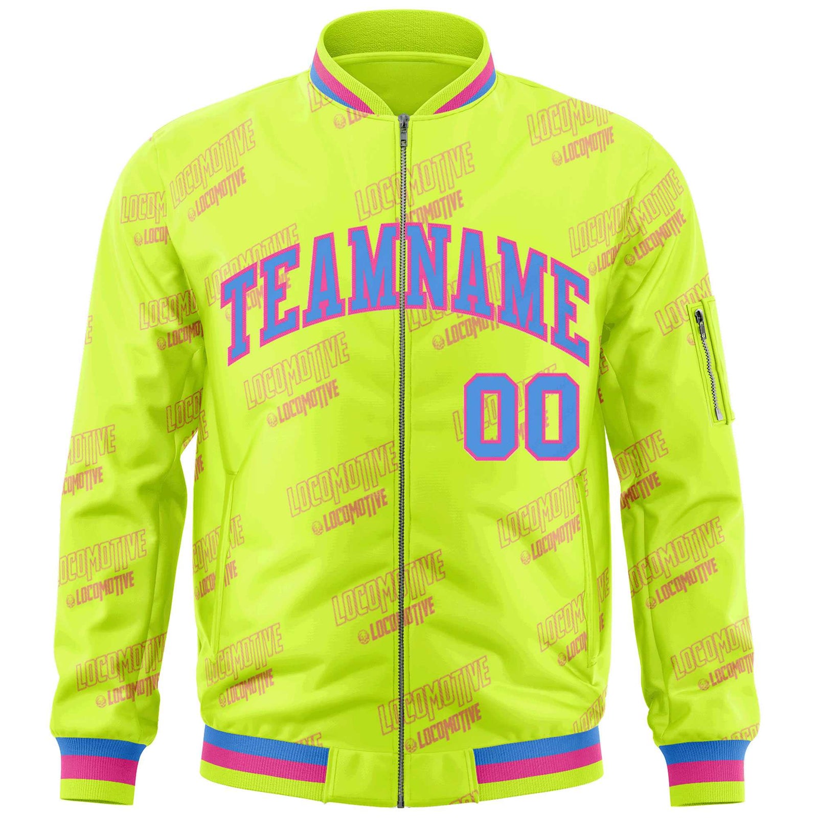 Custom Neon Green Powder Blue-Pink Letter Full-Zip Varsity Bomber Jacket