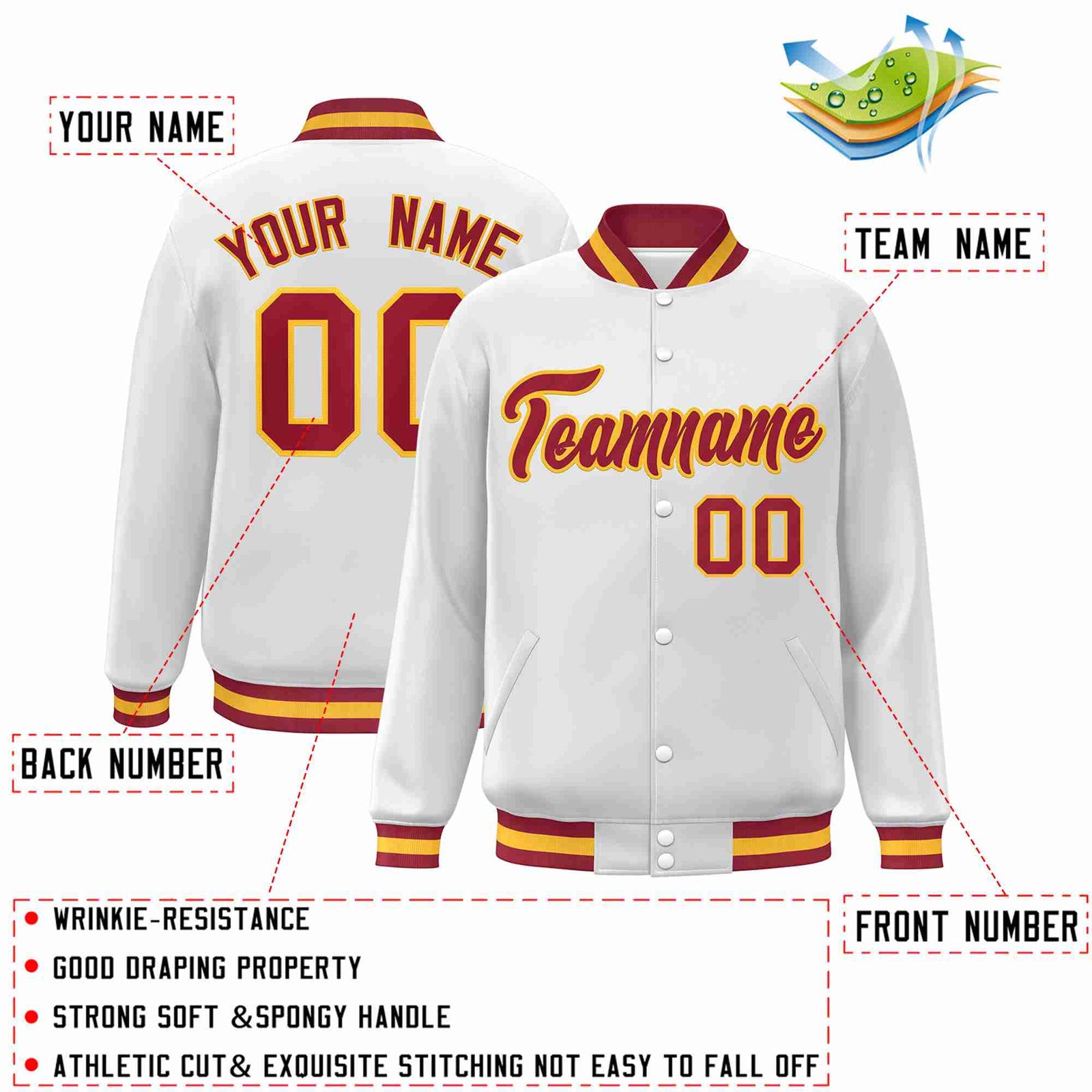 Custom White Crimson-Gold Classic Style Varsity Full-Snap Letterman Jacket