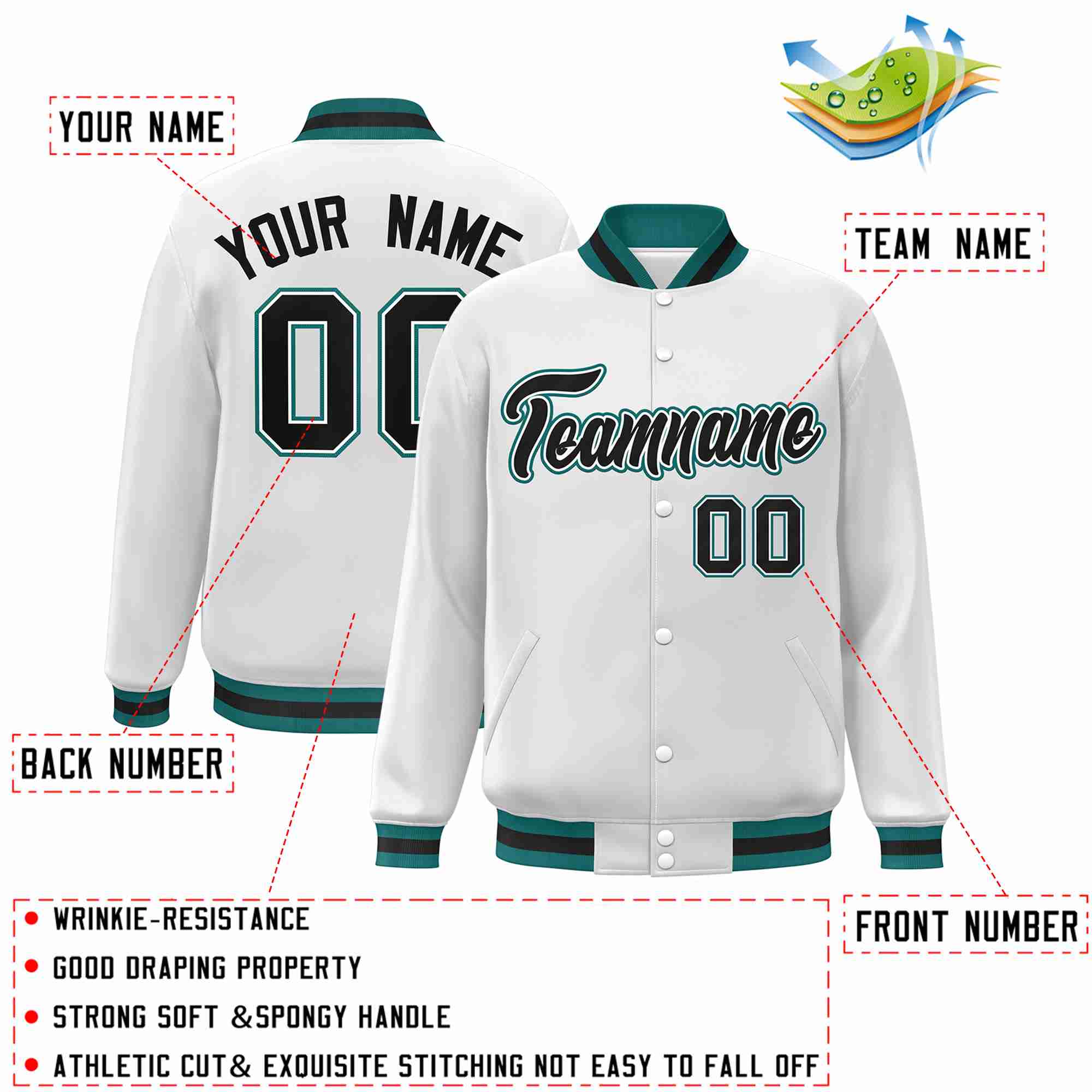 Custom White Black-White Classic Style Varsity Full-Snap Letterman Jacket