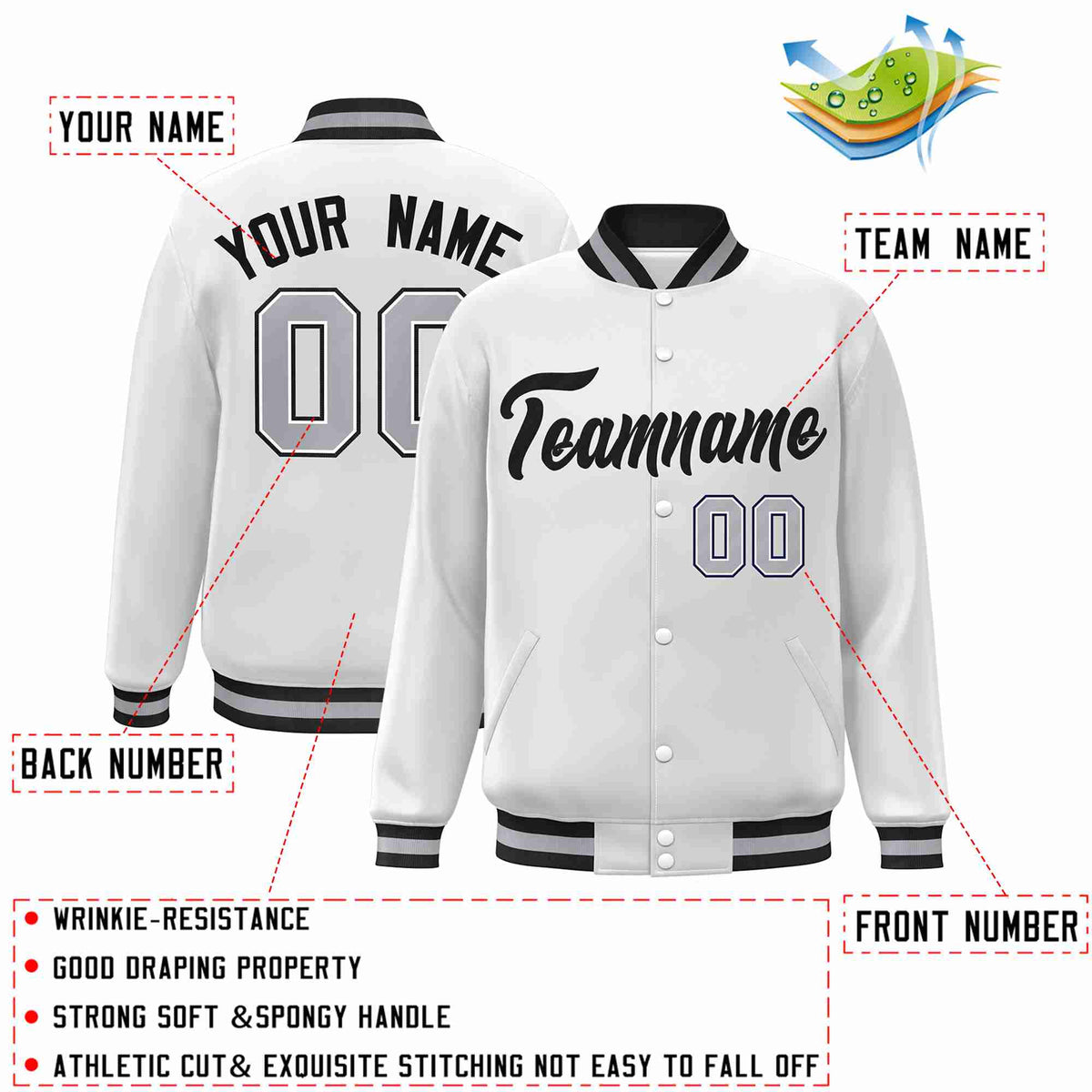 Custom White Black Classic Style Varsity Full-Snap Letterman Jacket