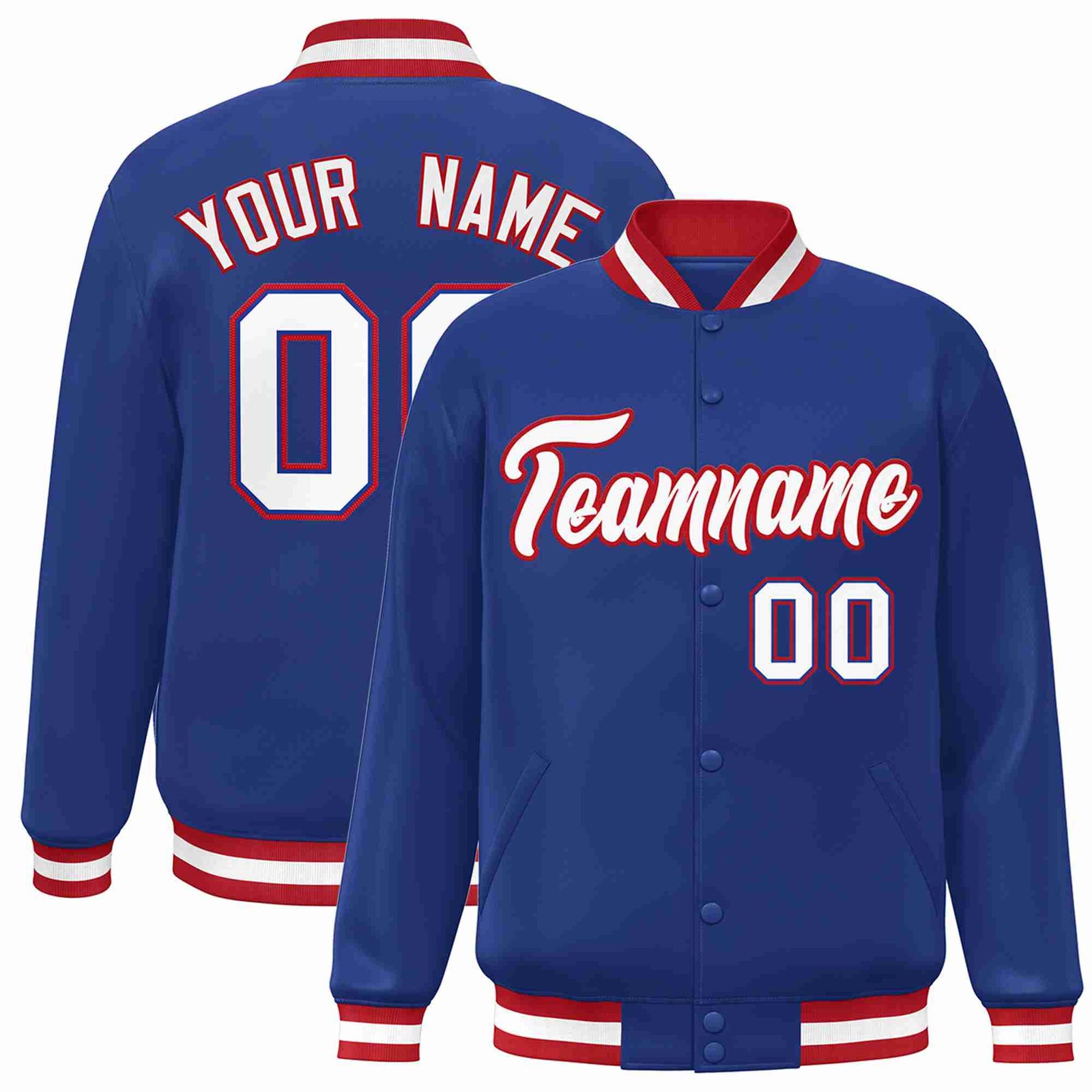 Custom Royal White-Red Classic Style Varsity Full-Snap Letterman Jacket