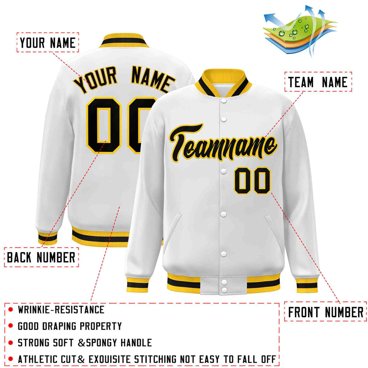 Custom White Black-Gold Classic Style Varsity Full-Snap Letterman Jacket