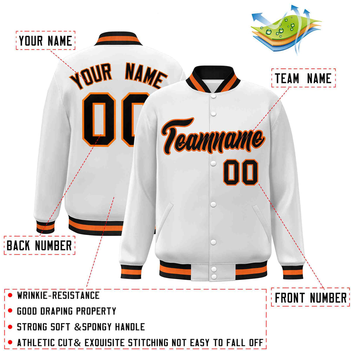 Custom White Black-Orange Classic Style Varsity Full-Snap Letterman Jacket