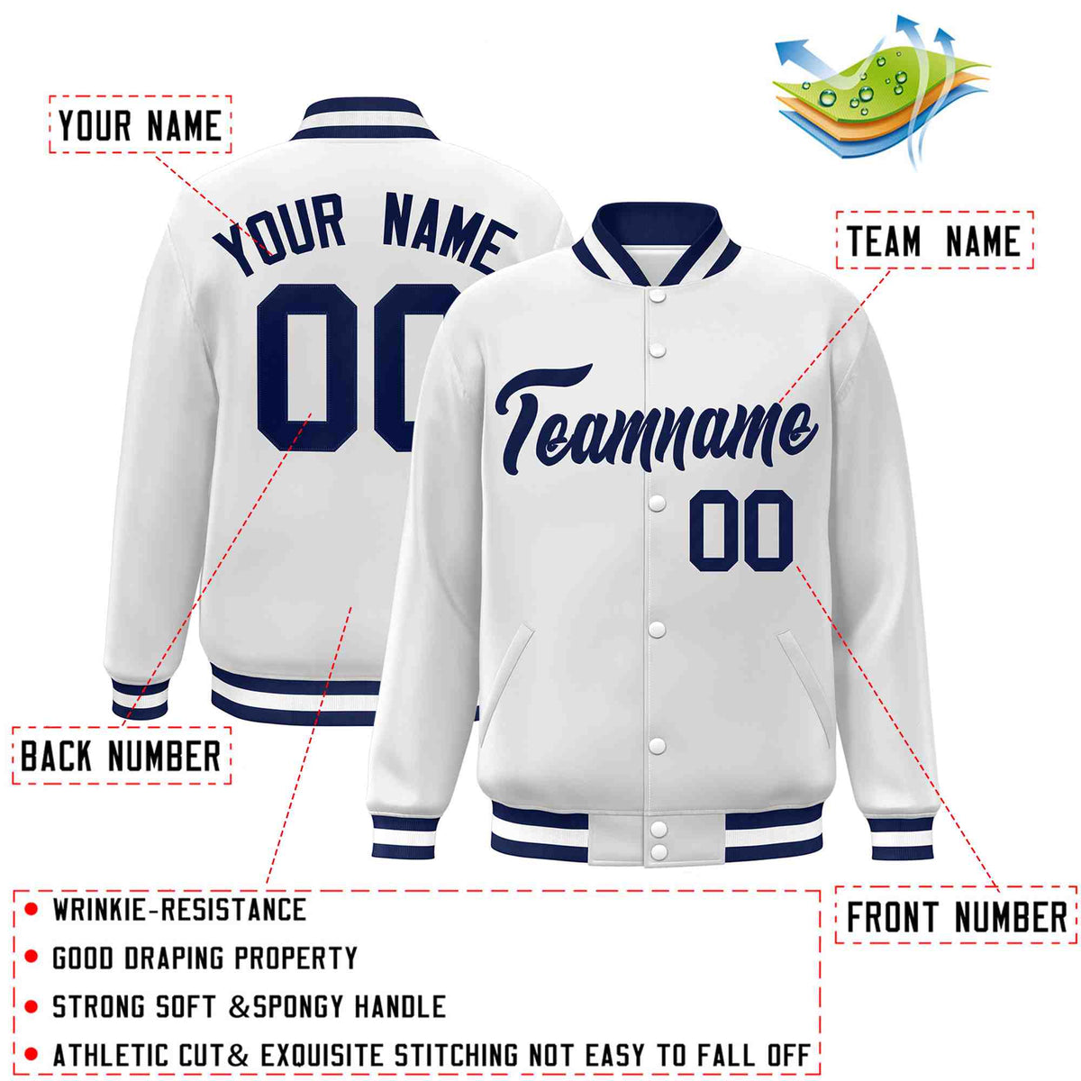 Custom White Navy Classic Style Varsity Full-Snap Letterman Jacket