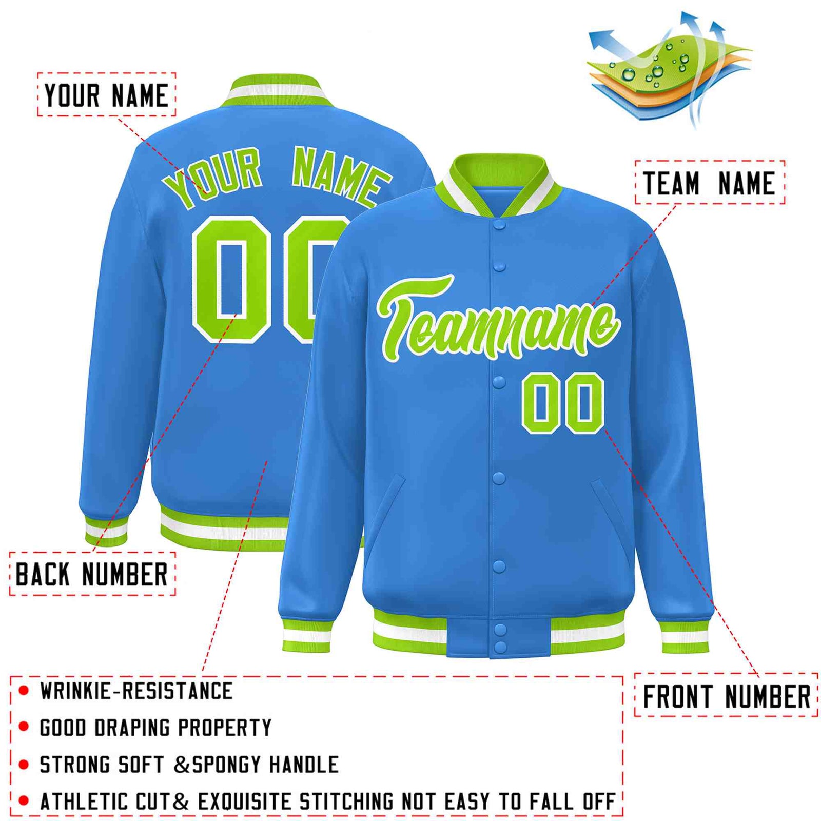 Custom Powder Blue Neon Green-White Classic Style Varsity Full-Snap Letterman Jacket