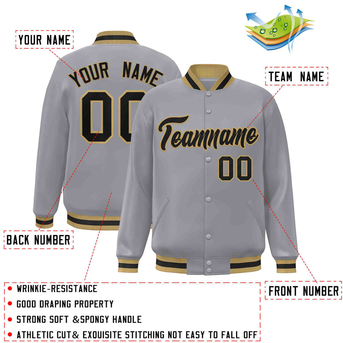 Custom Gray Black-Old Gold Classic Style Varsity Full-Snap Letterman Jacket
