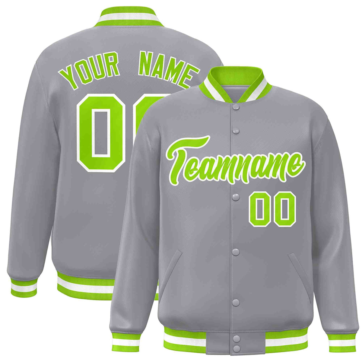 Custom Gray Neon Green-White Classic Style Varsity Full-Snap Letterman Jacket