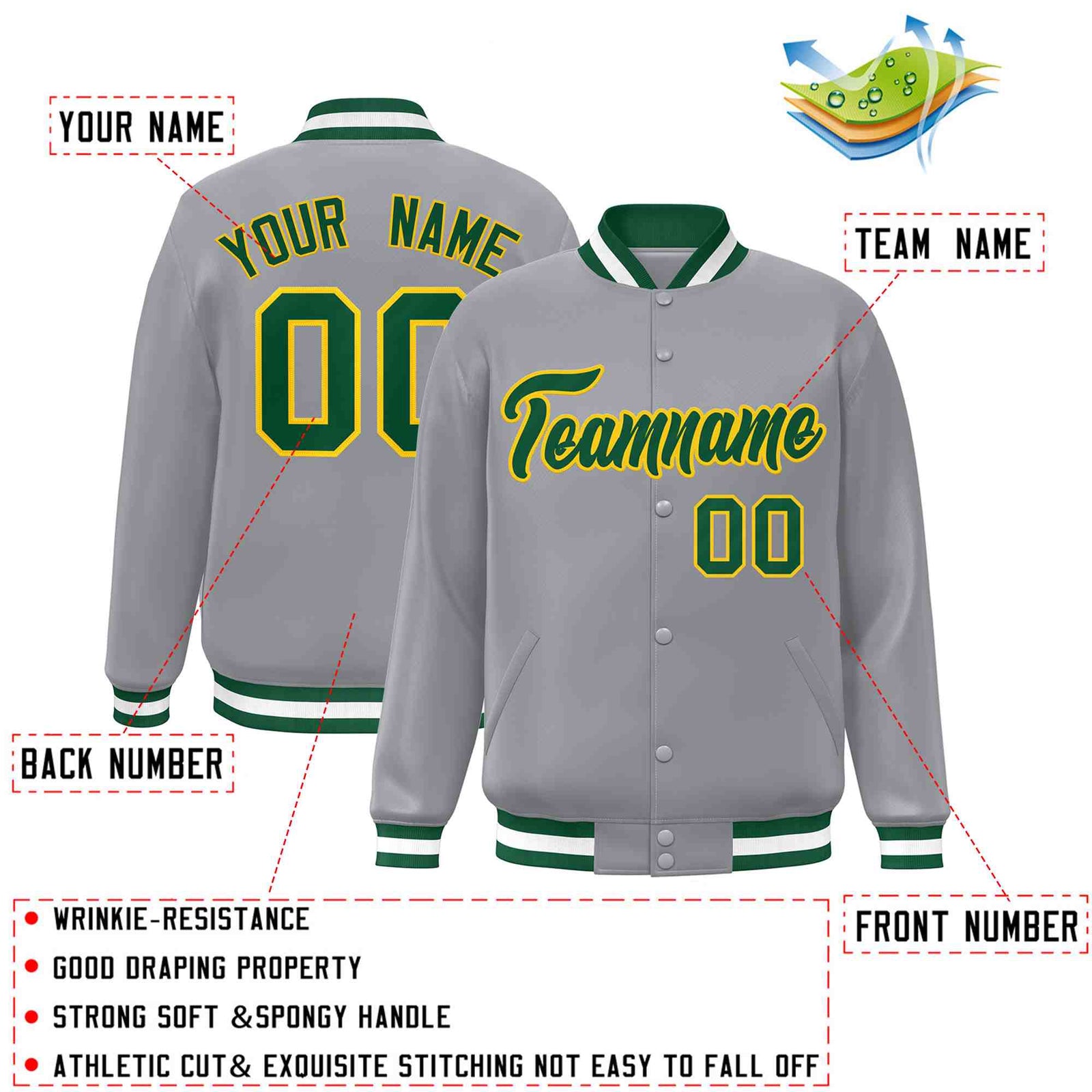 Custom Gray Green-Gold Classic Style Varsity Full-Snap Letterman Jacket