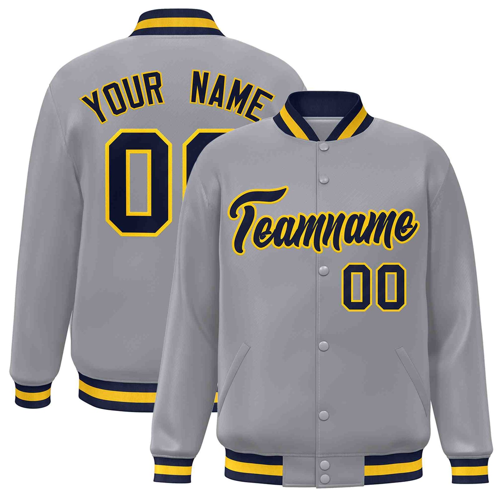 Custom Gray Navy-Gold Classic Style Varsity Full-Snap Letterman Jacket