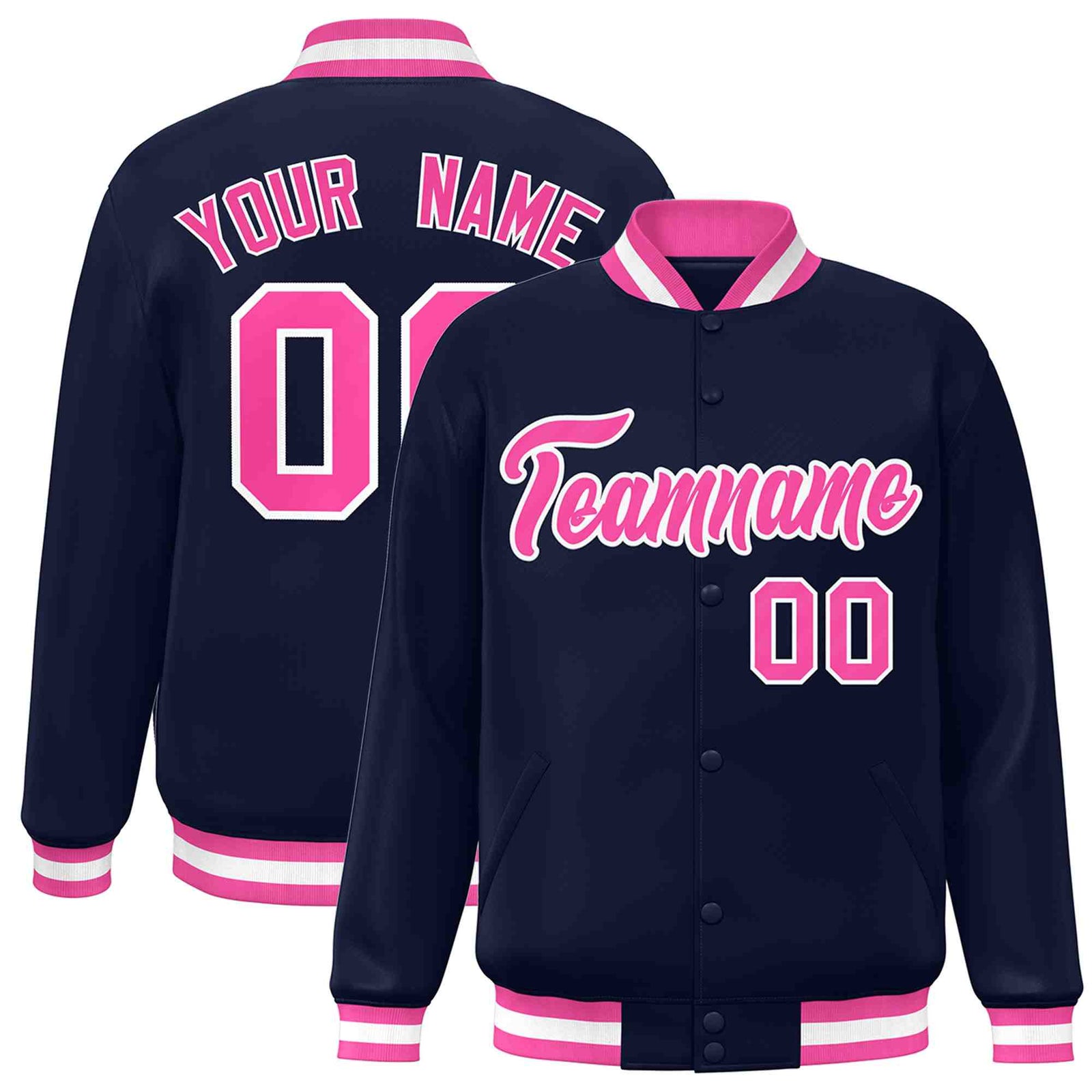 Custom Navy Pink-White Classic Style Varsity Full-Snap Letterman Jacket