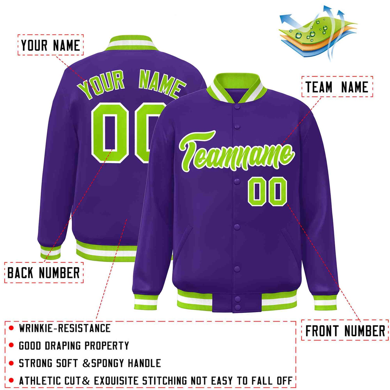 Custom Purple Neon Green-White Classic Style Varsity Full-Snap Letterman Jacket