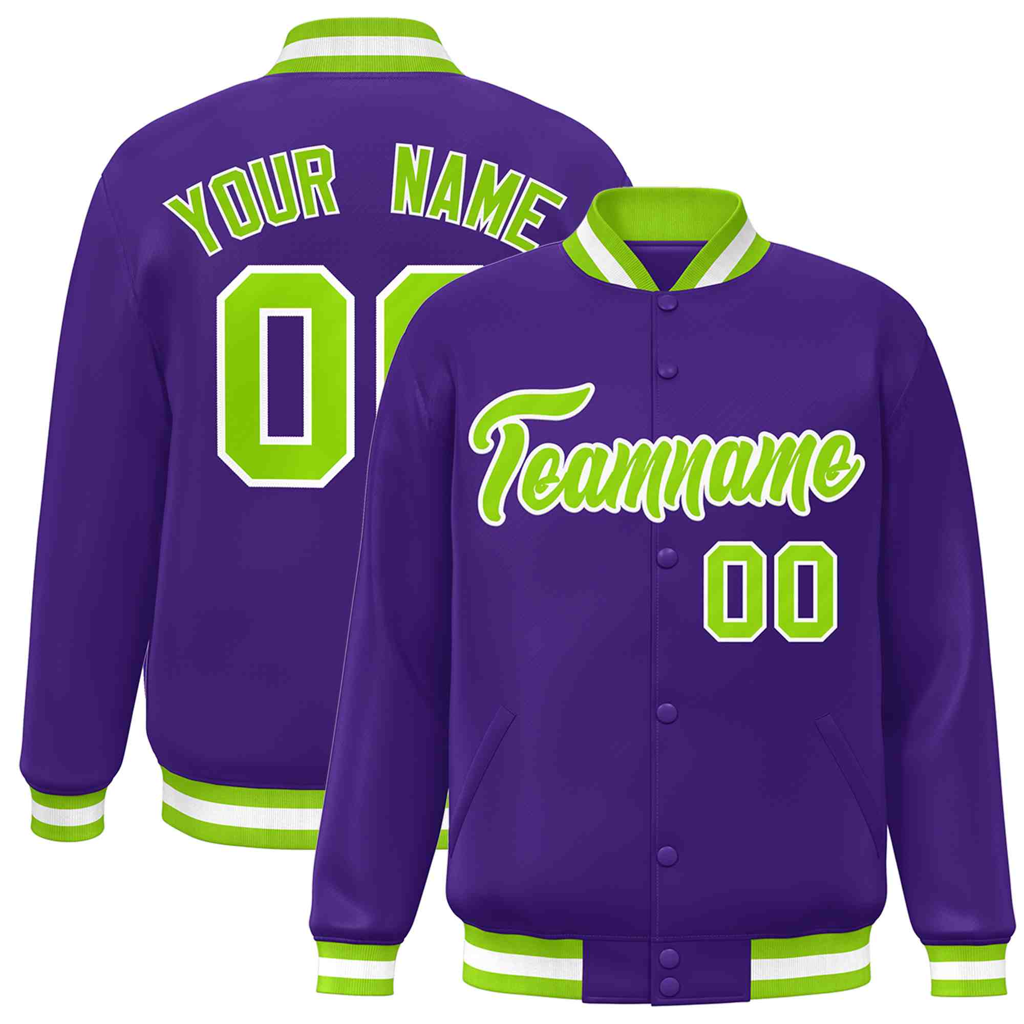 Custom Purple Neon Green-White Classic Style Varsity Full-Snap Letterman Jacket