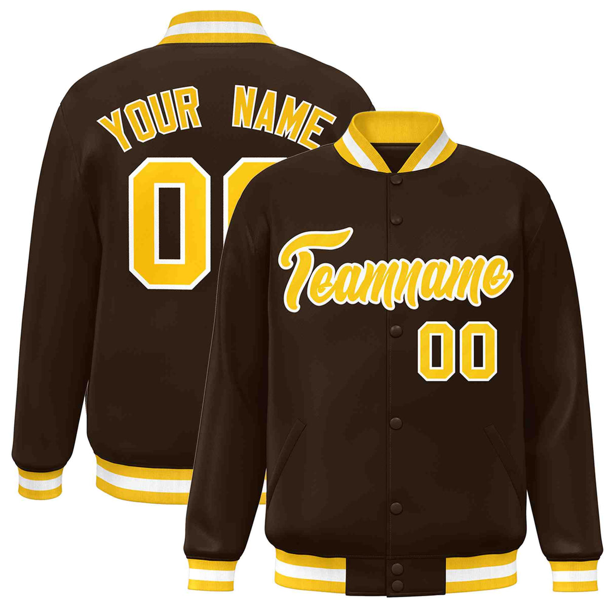 Custom Brown Gold-White Classic Style Varsity Full-Snap Letterman Jacket