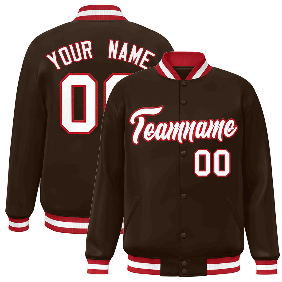 Custom Brown White-Red Classic Style Varsity Full-Snap Letterman Jacket