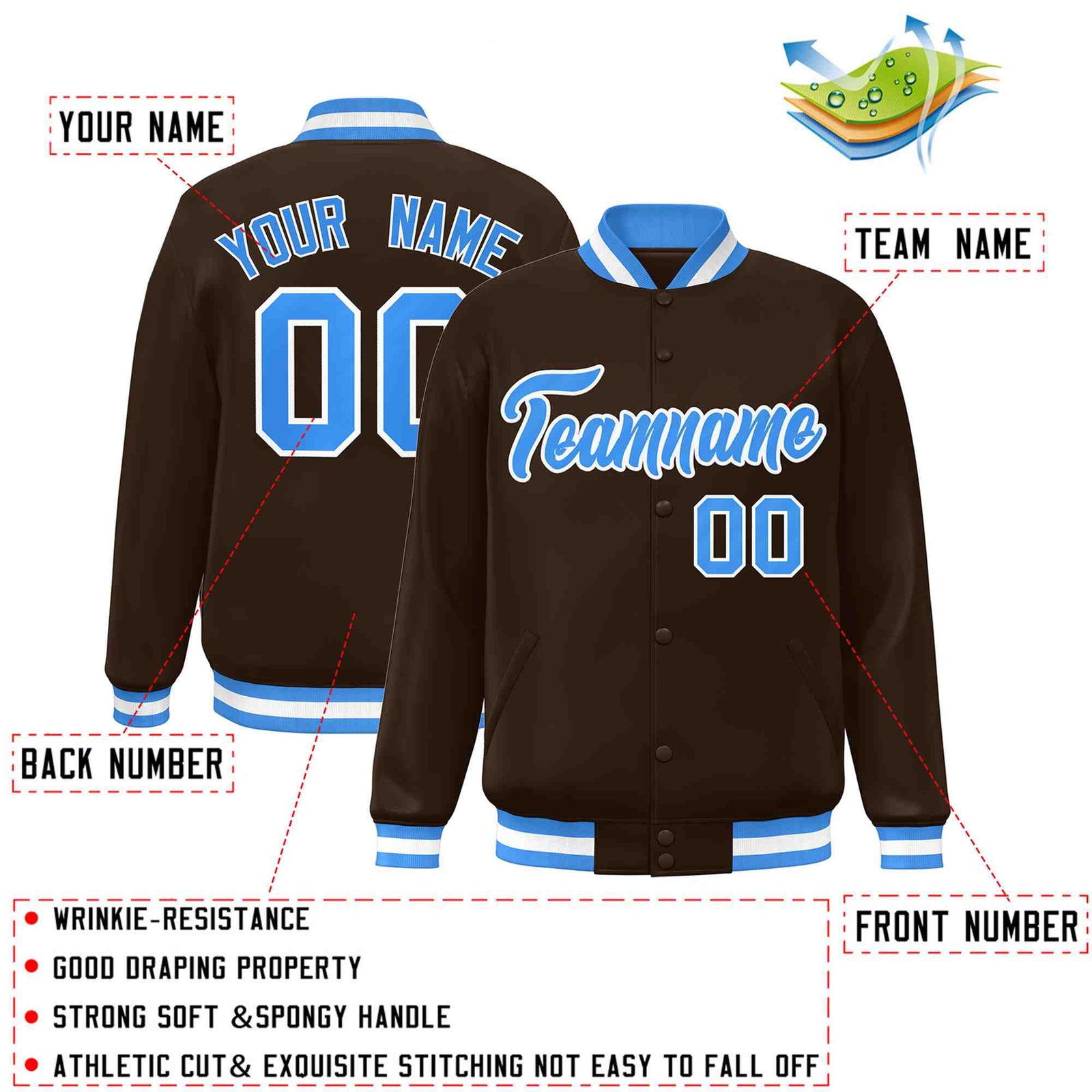 Custom Brown Powder Blue-White Classic Style Varsity Full-Snap Letterman Jacket
