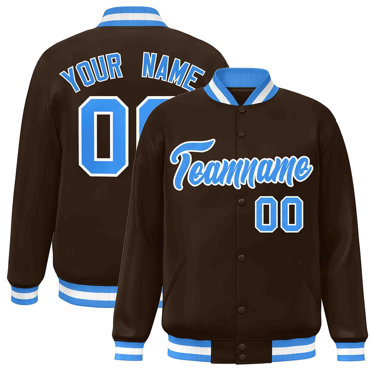 Custom Brown Powder Blue-White Classic Style Varsity Full-Snap Letterman Jacket
