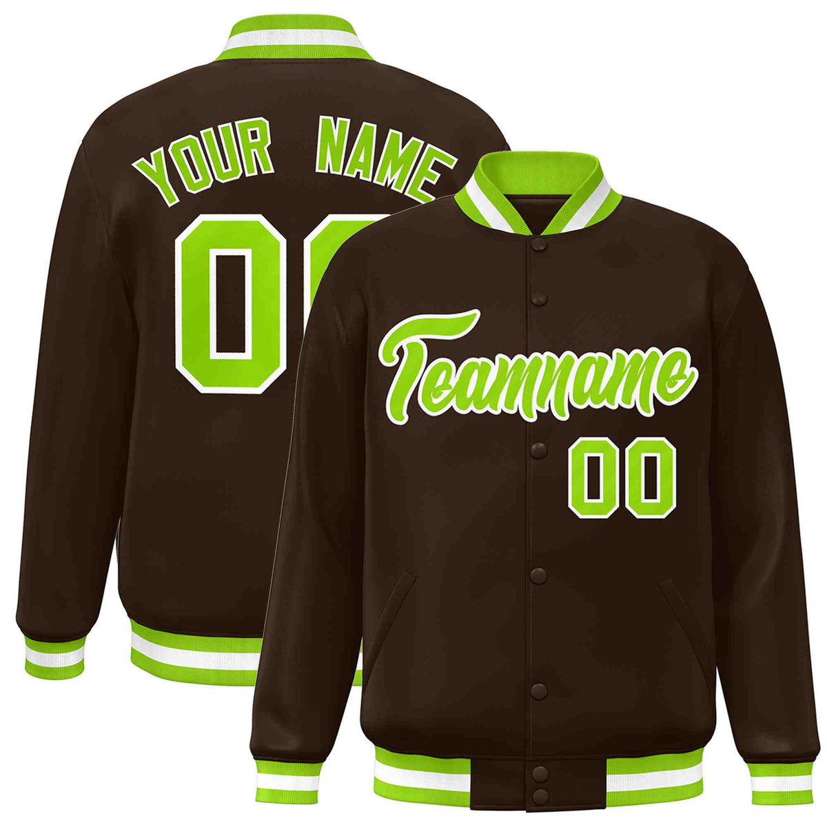 Custom Brown Neon Green-White Classic Style Varsity Full-Snap Letterman Jacket