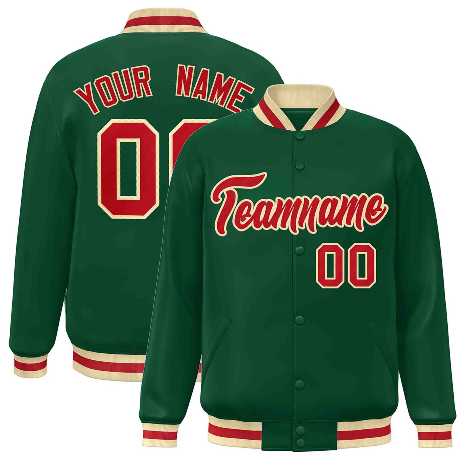 Custom Green Red-Khaki Classic Style Varsity Full-Snap Letterman Jacket