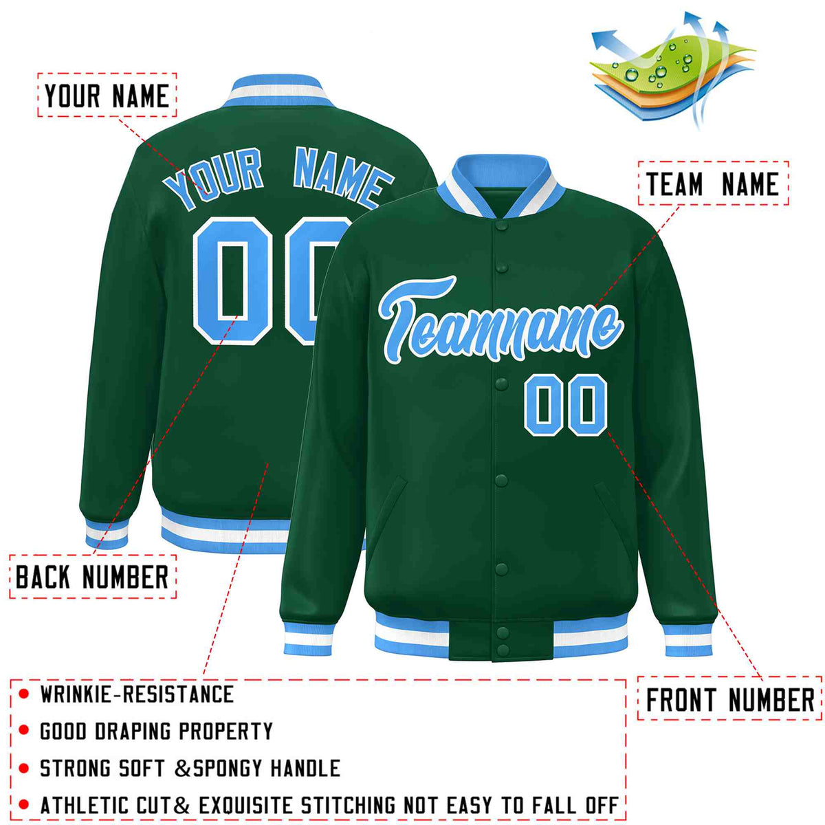 Custom Green Powder Blue-White Classic Style Varsity Full-Snap Letterman Jacket