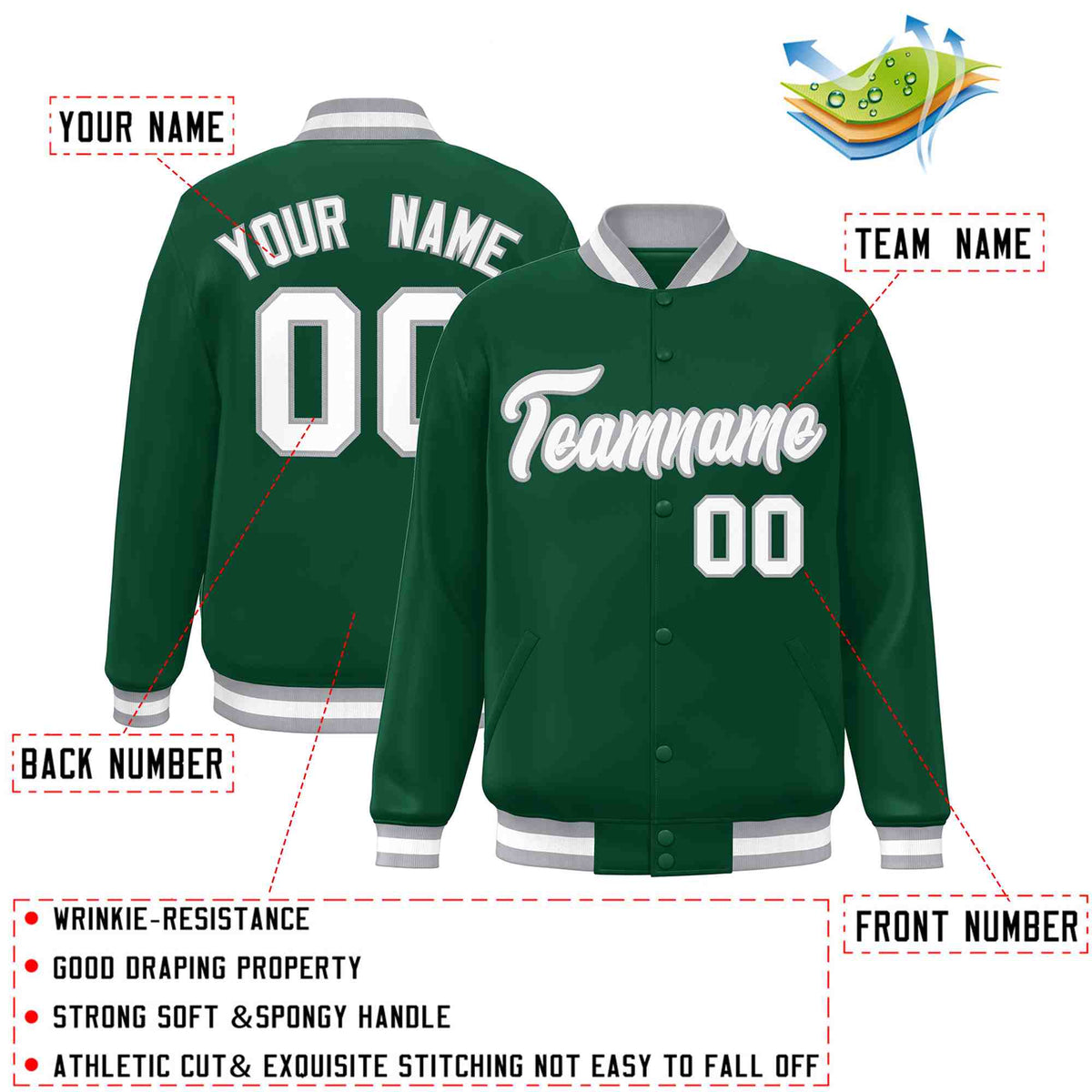 Custom Green White-Gray Classic Style Varsity Full-Snap Letterman Jacket