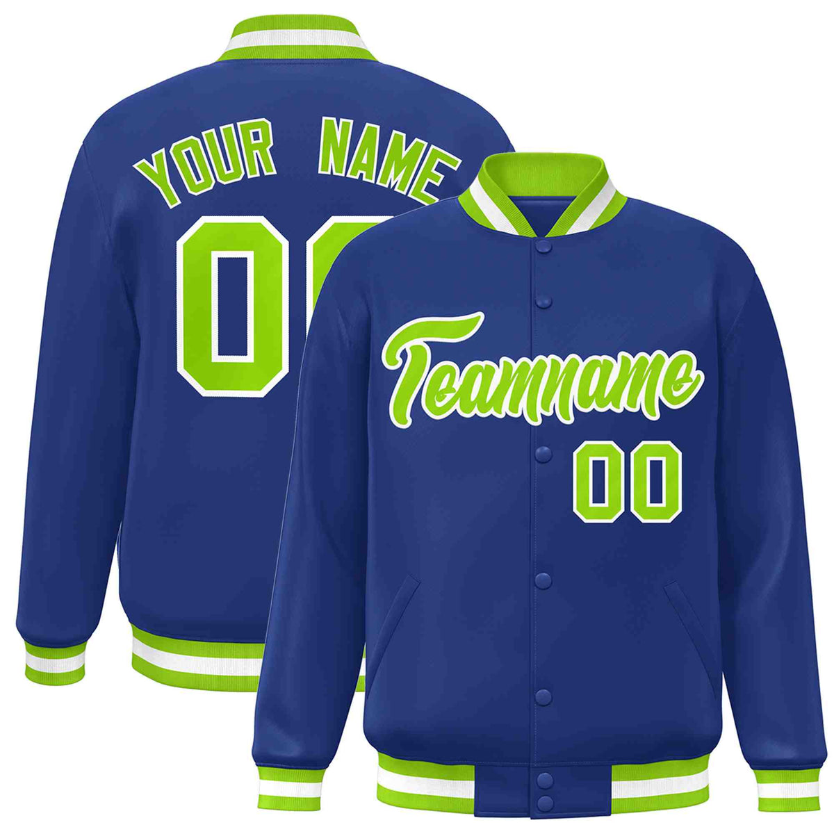 Custom Royal Neon Green-White Classic Style Varsity Full-Snap Letterman Jacket