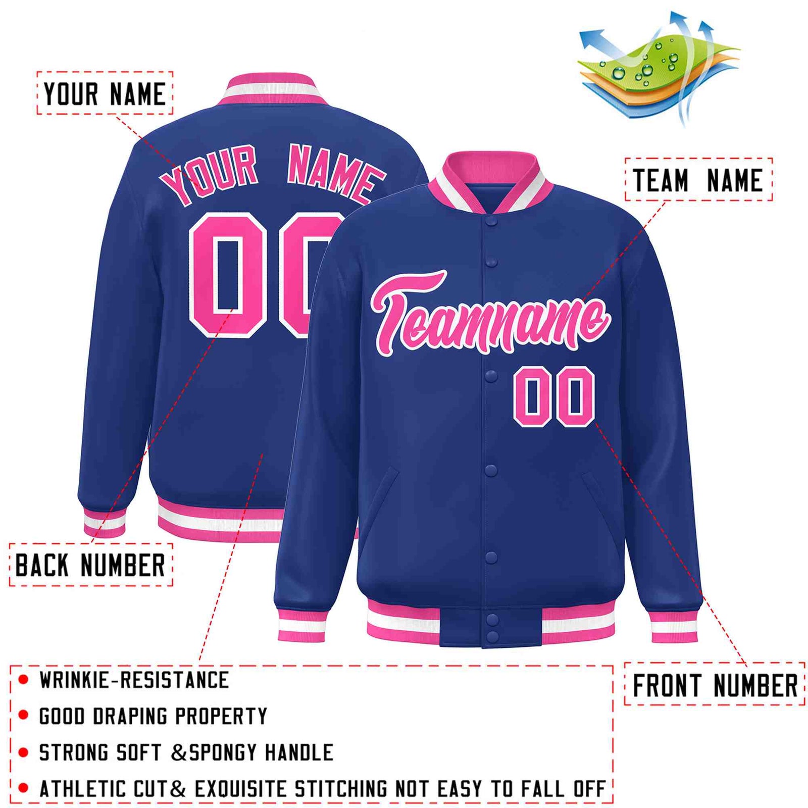 Custom Royal Pink-White Classic Style Varsity Full-Snap Letterman Jacket