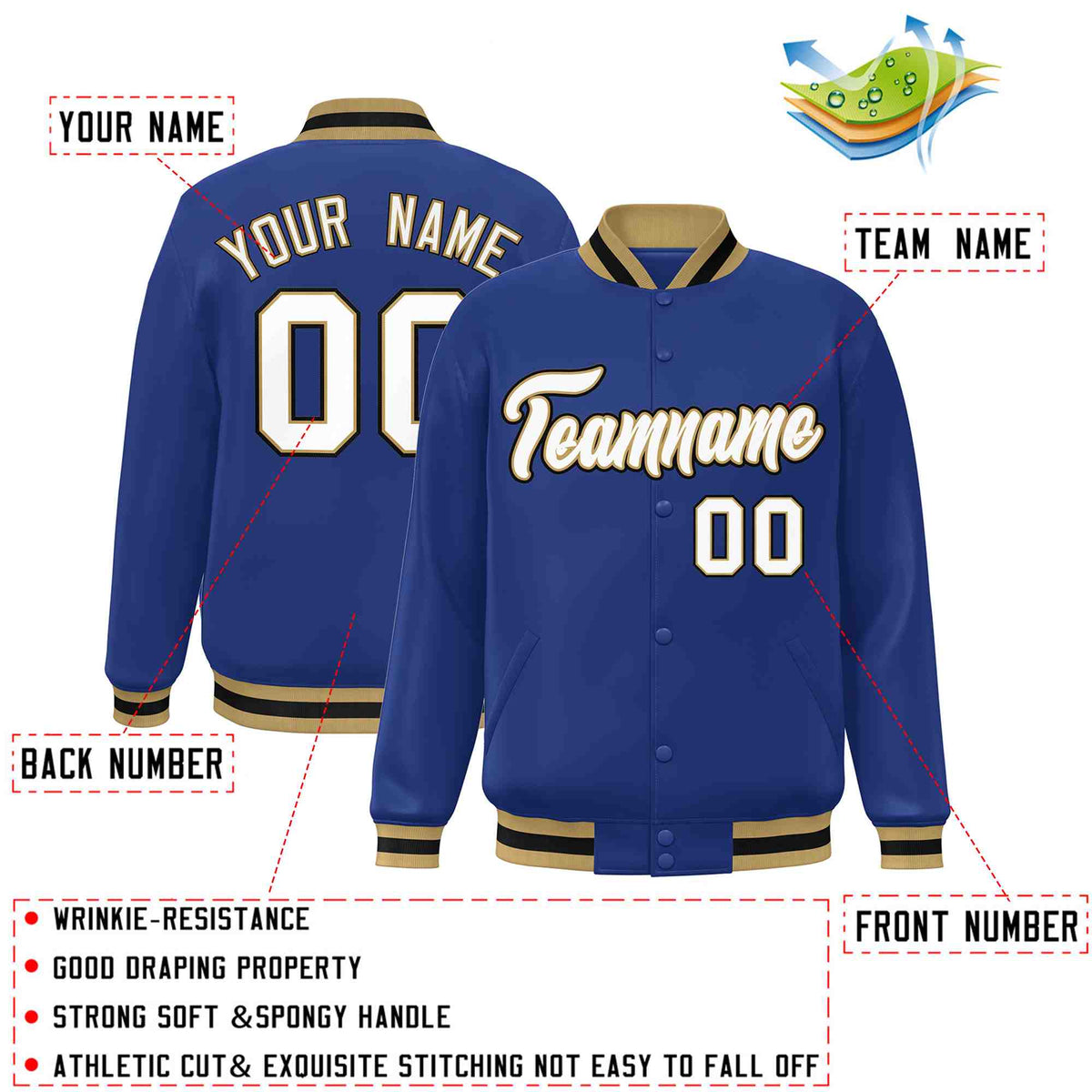 Custom Royal White-Old Gold Classic Style Varsity Full-Snap Letterman Jacket