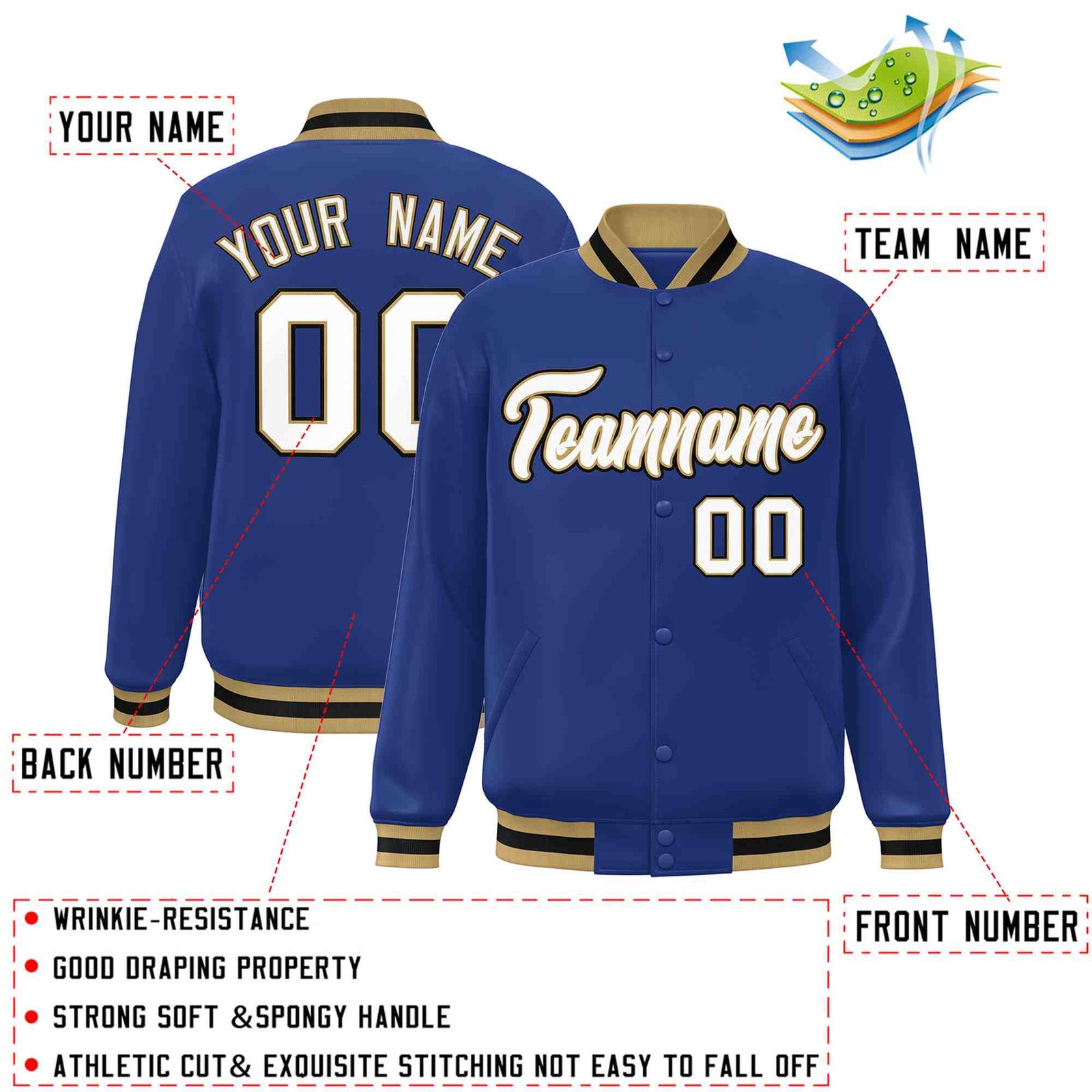 Custom Royal White-Old Gold Classic Style Varsity Full-Snap Letterman Jacket