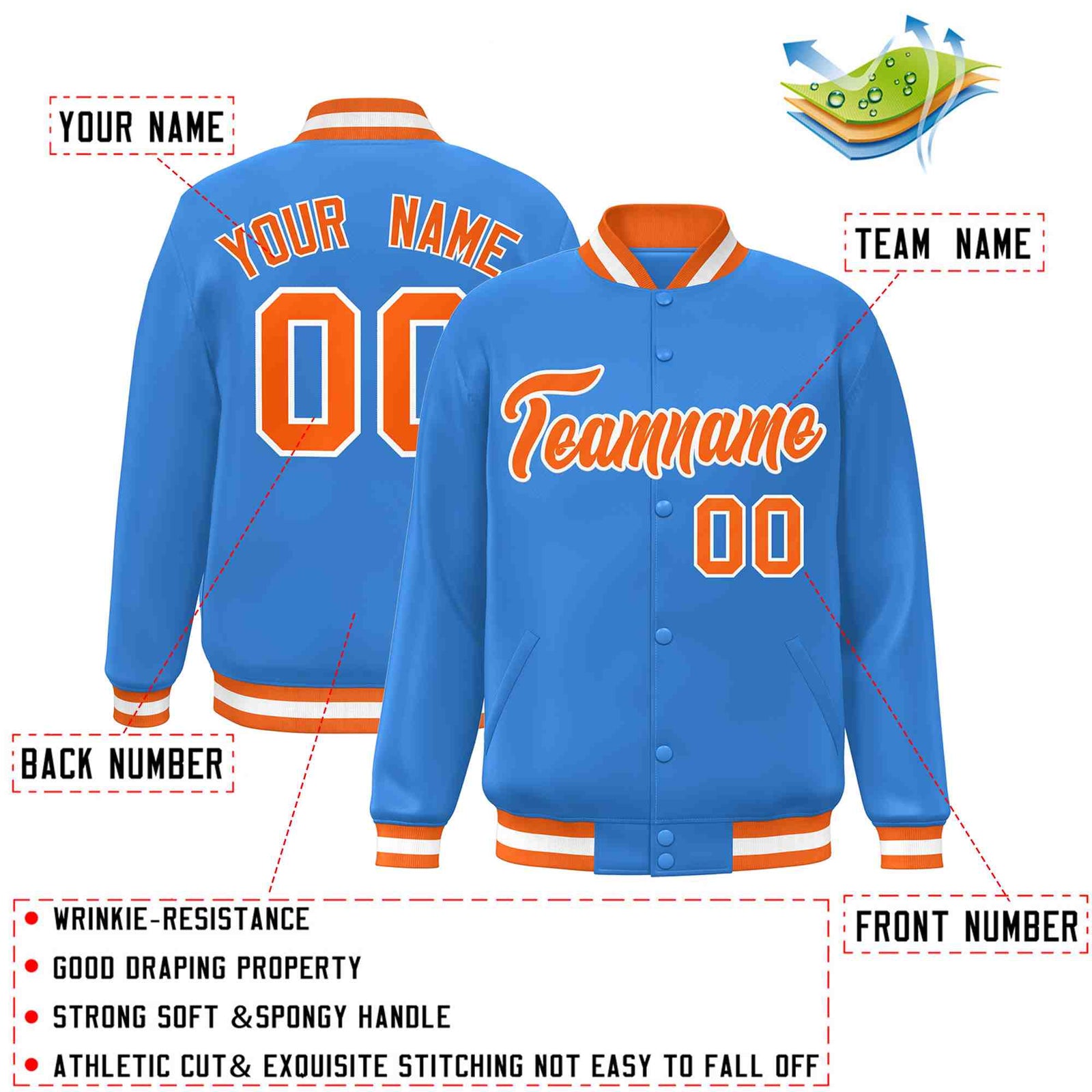 Custom Powder Blue Orange-White Classic Style Varsity Full-Snap Letterman Jacket