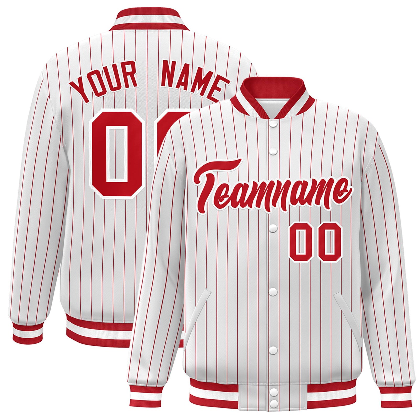 Custom White Red-White Personalized Stripe Fashion Letterman Bomber Varsity Jacket