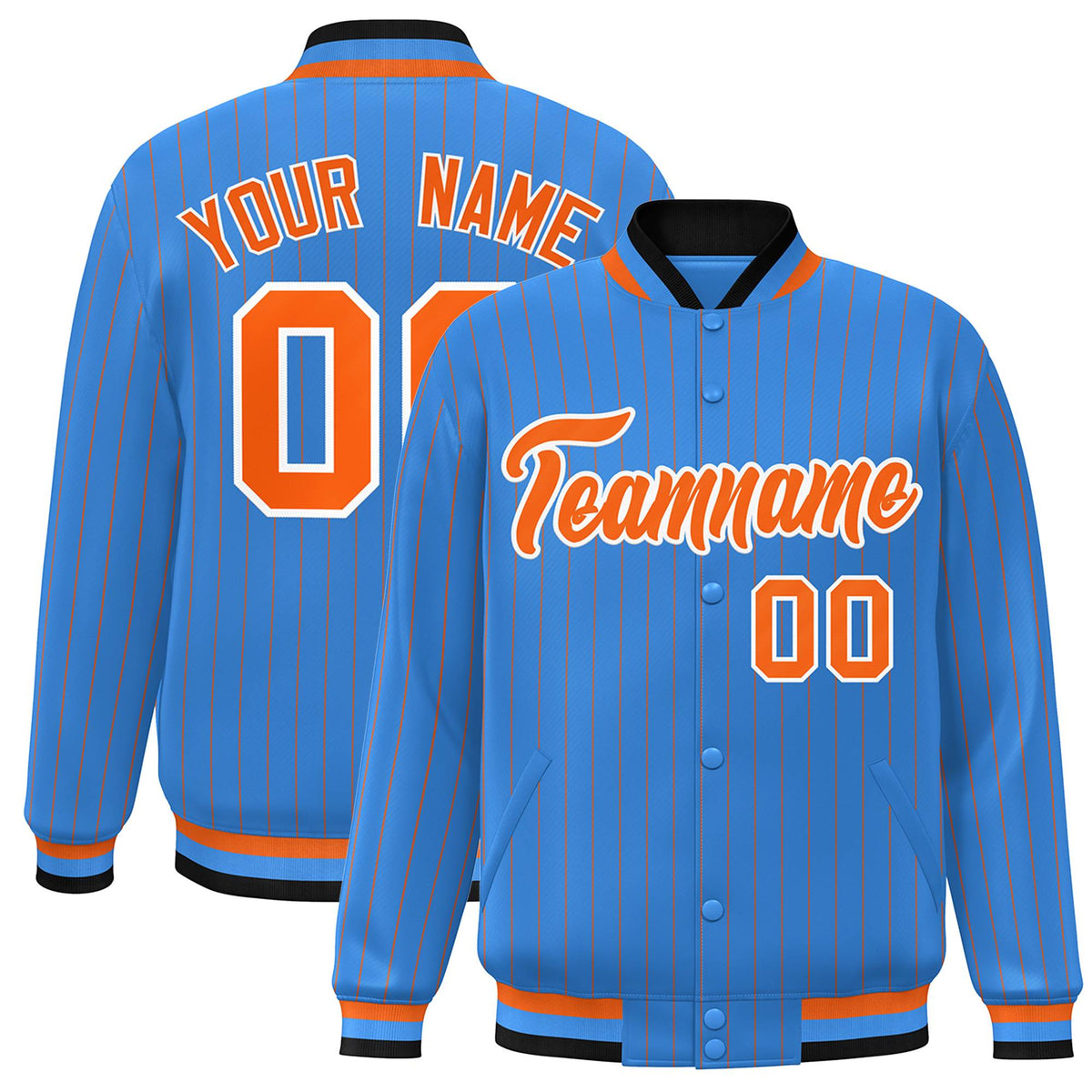 Custom Powder Blue Orange-White Personalized Stripe Fashion Letterman Bomber Varsity Jacket