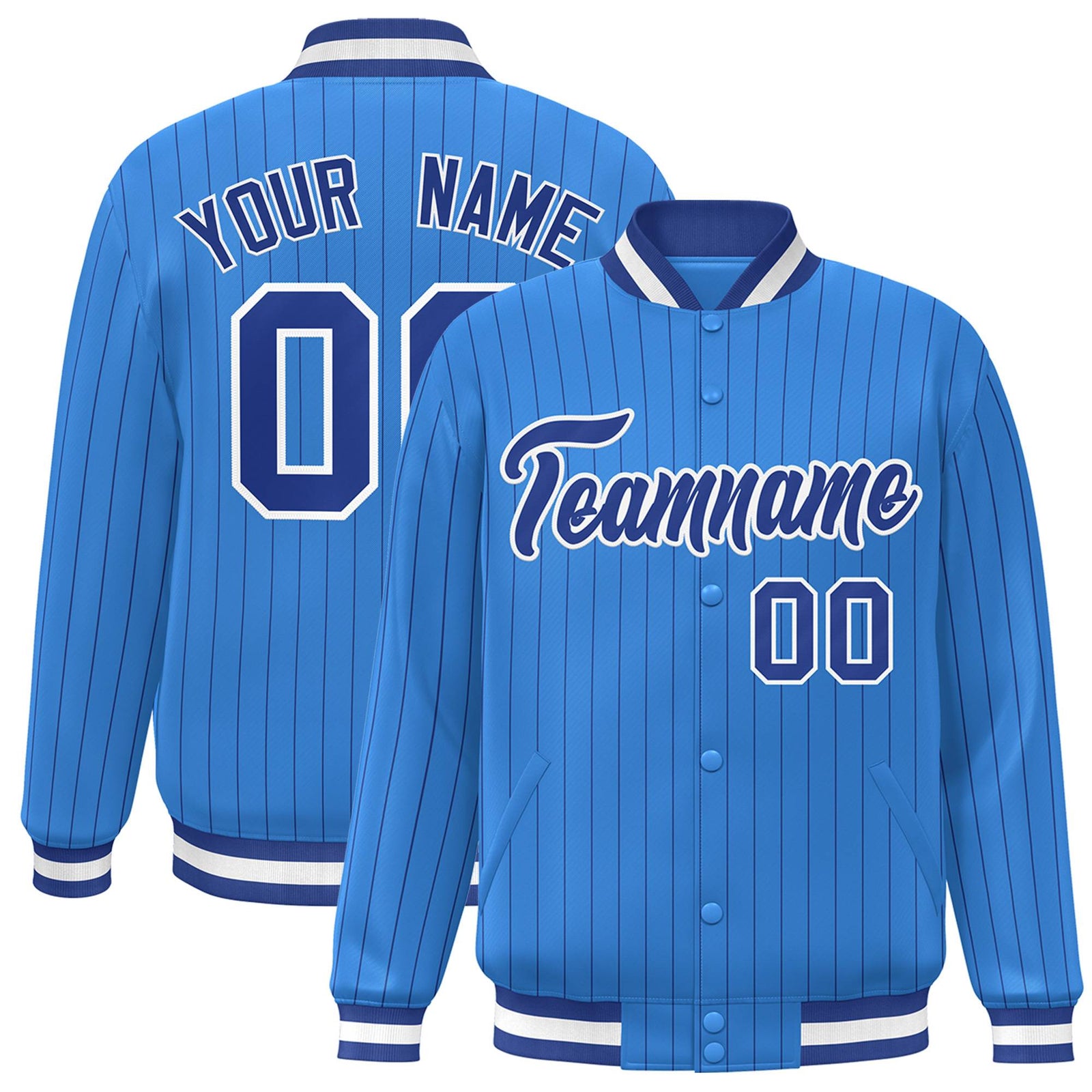 Custom Powder Blue Royal-White Personalized Stripe Fashion Letterman Bomber Varsity Jacket