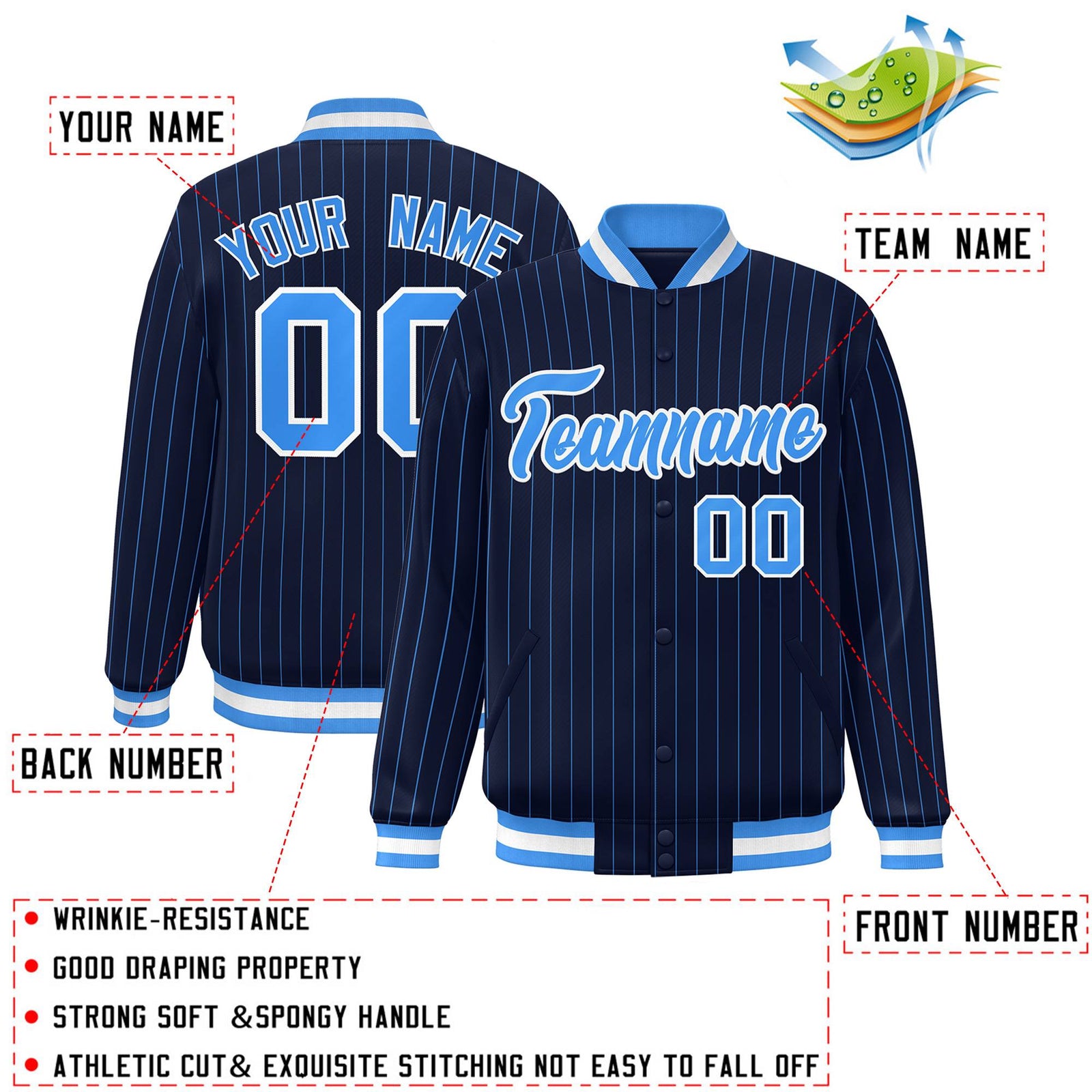 Custom Navy Powder Blue-White Personalized Stripe Fashion Letterman Bomber Varsity Jacket