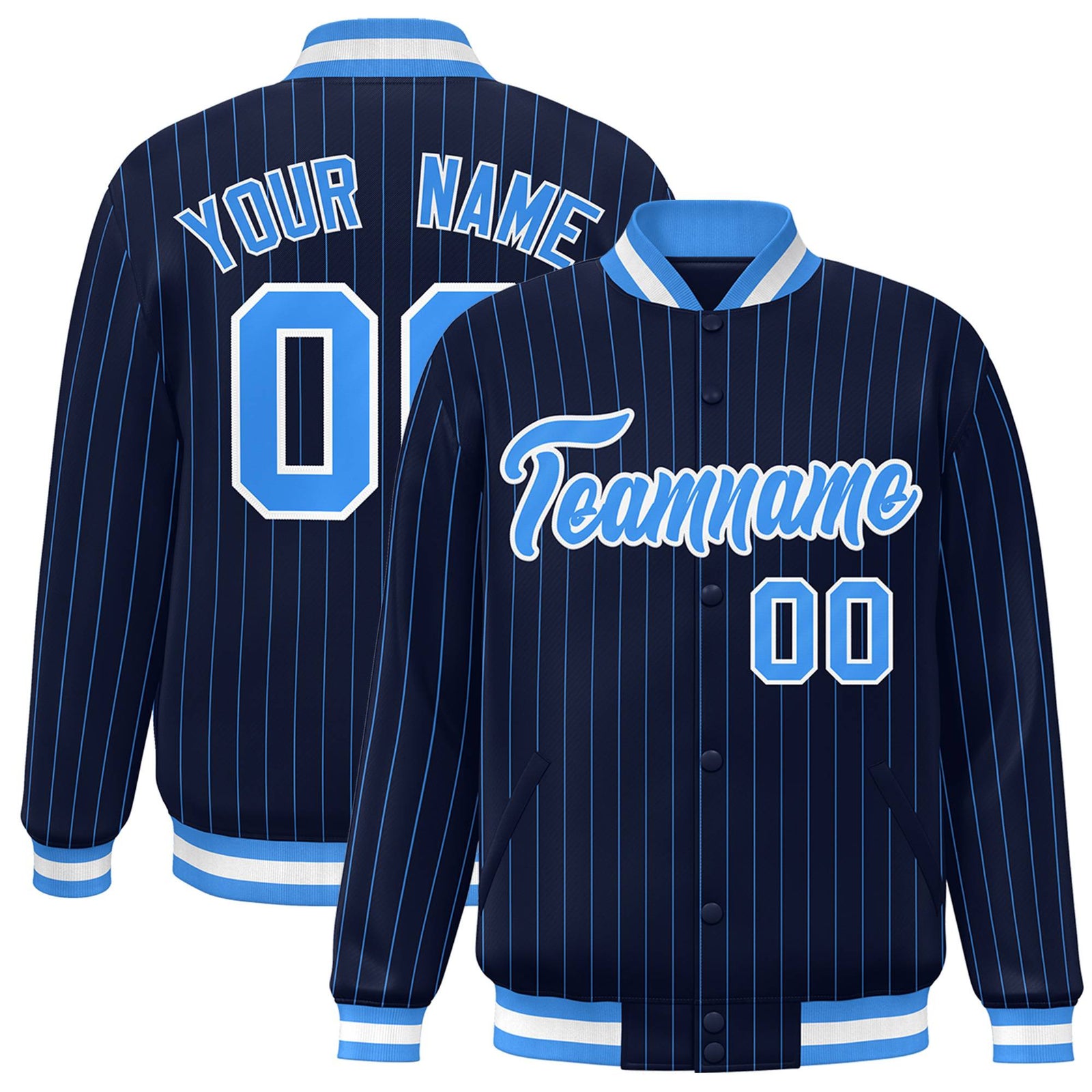 Custom Navy Powder Blue-White Personalized Stripe Fashion Letterman Bomber Varsity Jacket