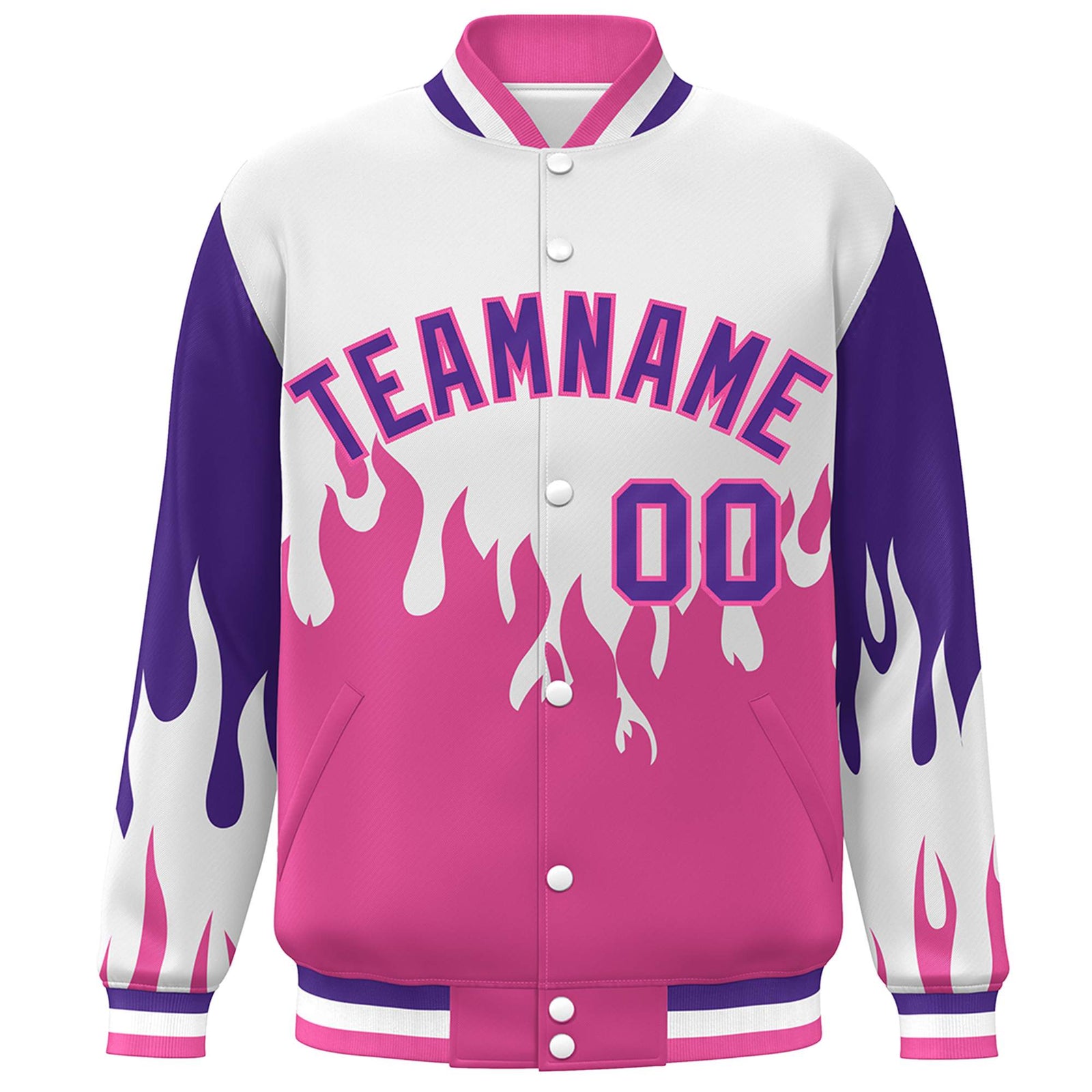 Custom White Pink-Purple Flame Graffiti Pattern Bomber Varsity Full-Snap Jacket