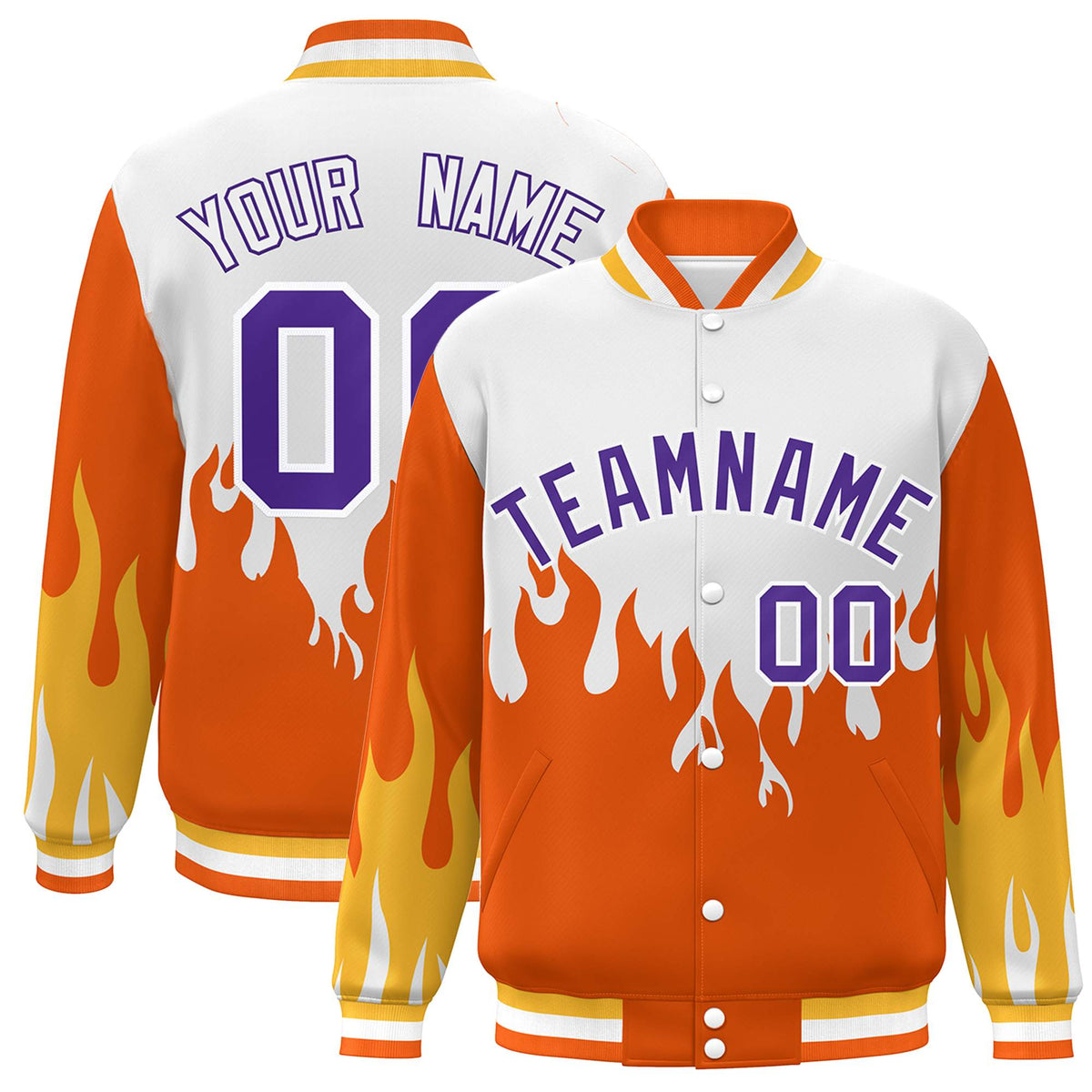 Custom White Orange-Purple Flame Graffiti Pattern Bomber Varsity Full-Snap Jacket