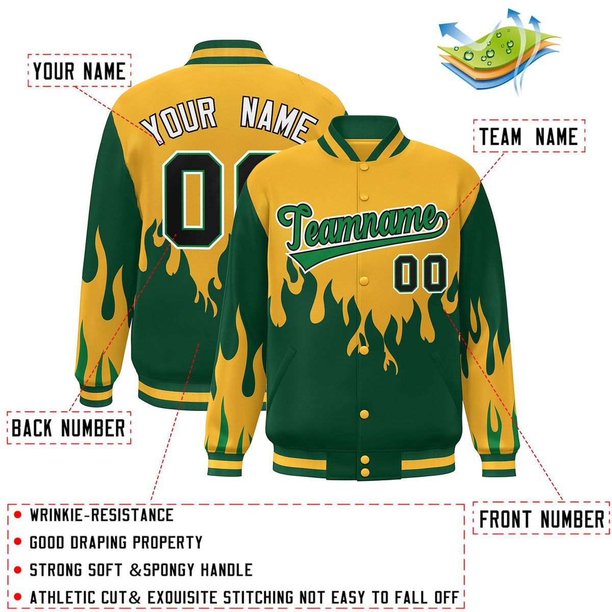Custom Gold Green-White Flame Graffiti Pattern Bomber Varsity Full-Snap Jacket
