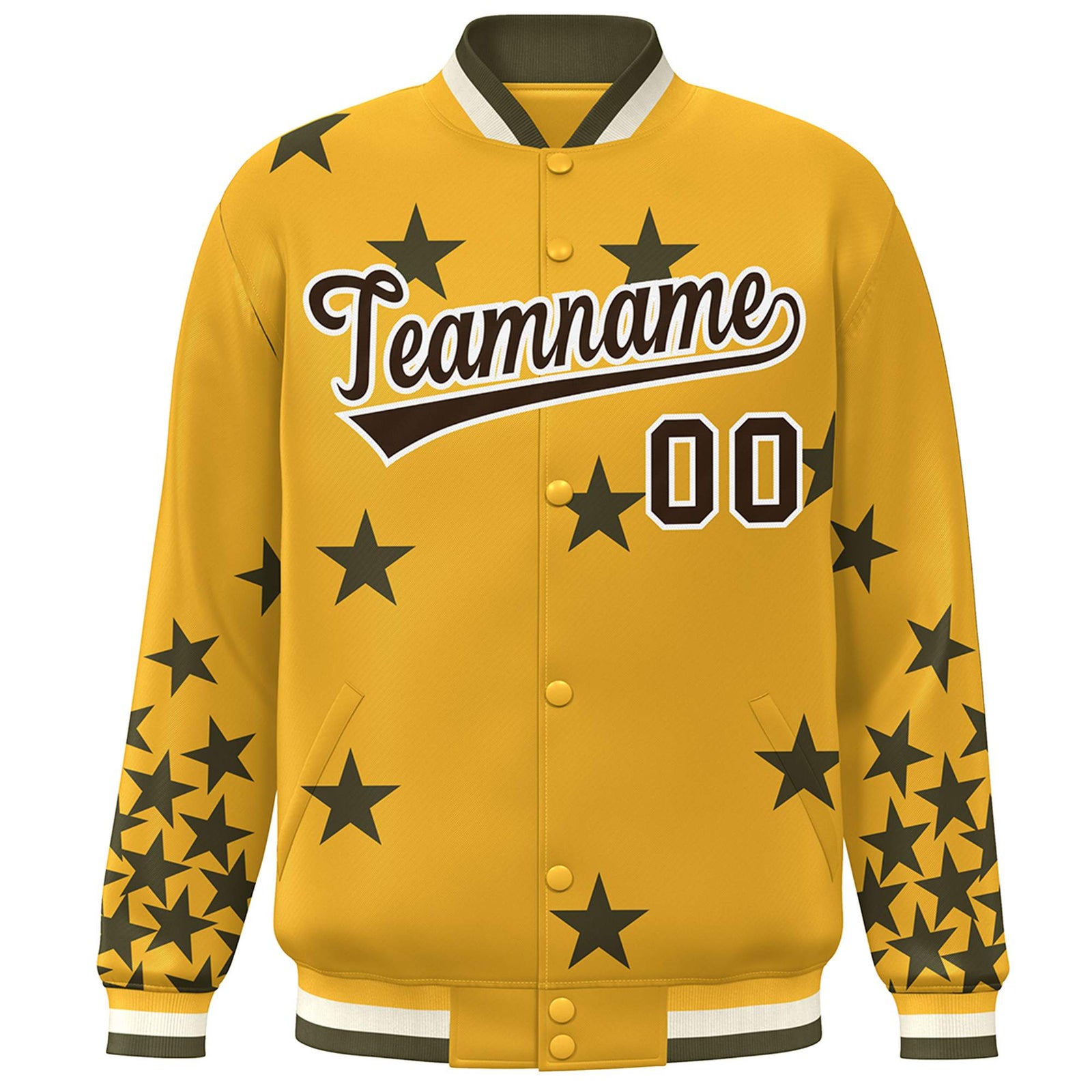 Custom Gold Black-White Star Graffiti Pattern Varsity Full-Snap Bomber Jacket
