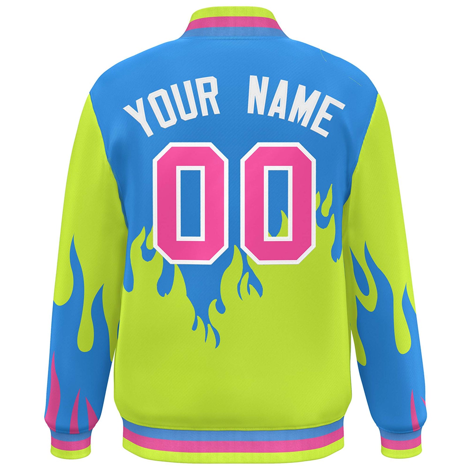 Custom Powder Blue Neon Green-Pink Flame Graffiti Pattern Bomber Varsity Full-Snap Jacket