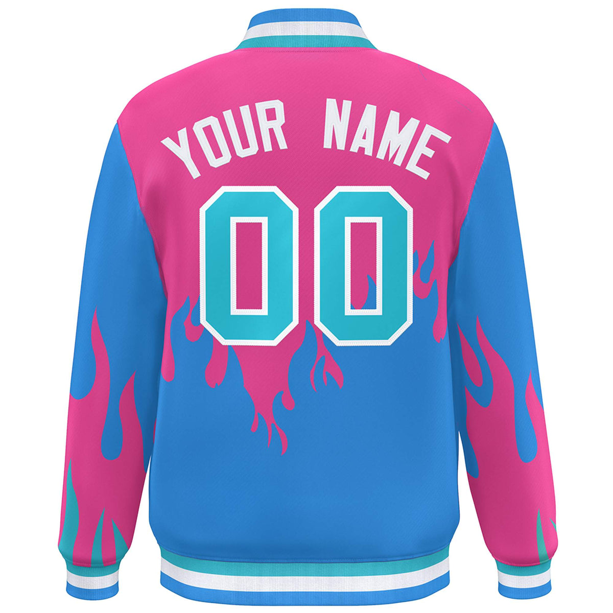 Custom Pink Powder Blue-White Flame Graffiti Pattern Bomber Varsity Full-Snap Jacket