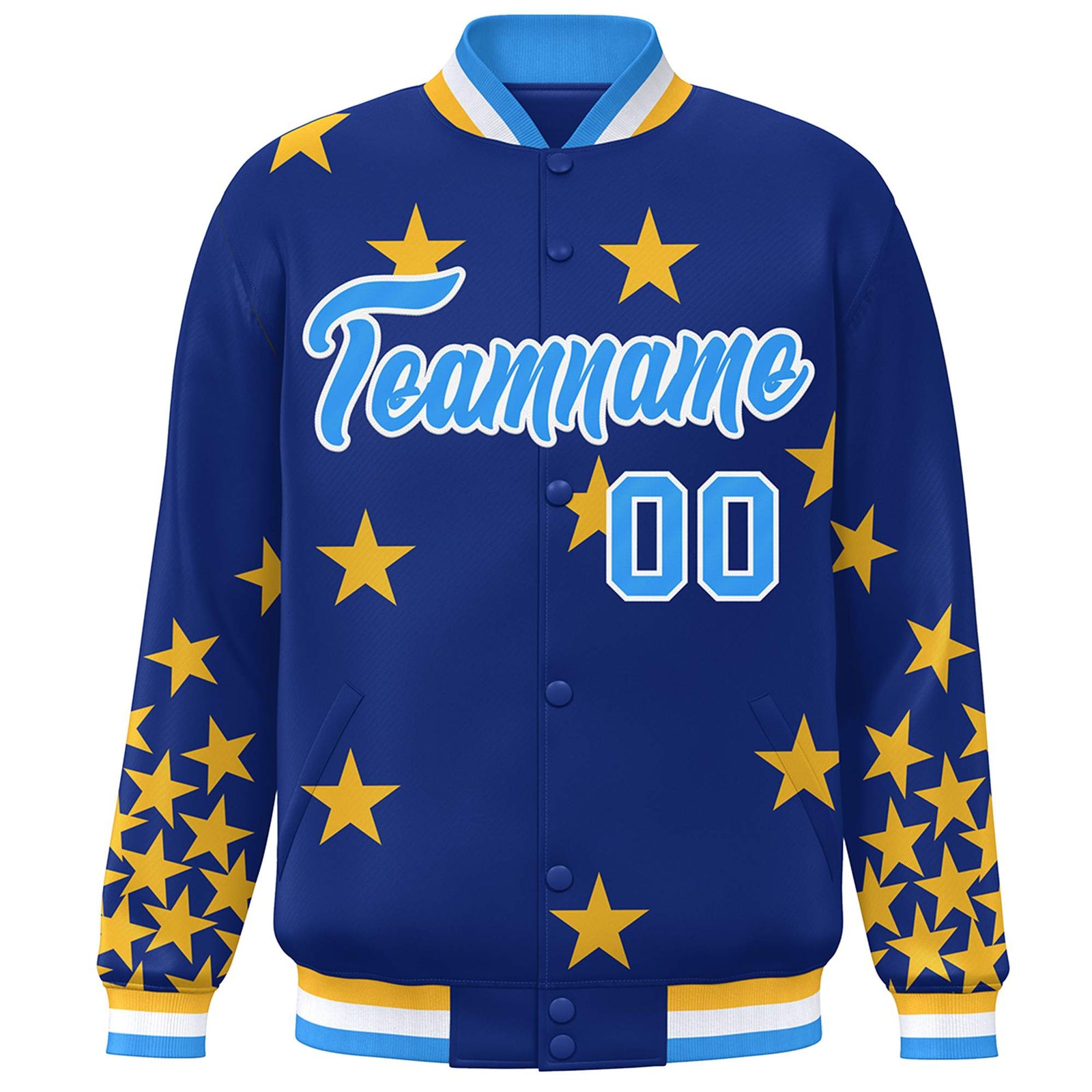 Custom Royal Powder Blue-White Star Graffiti Pattern Varsity Full-Snap Bomber Jacket