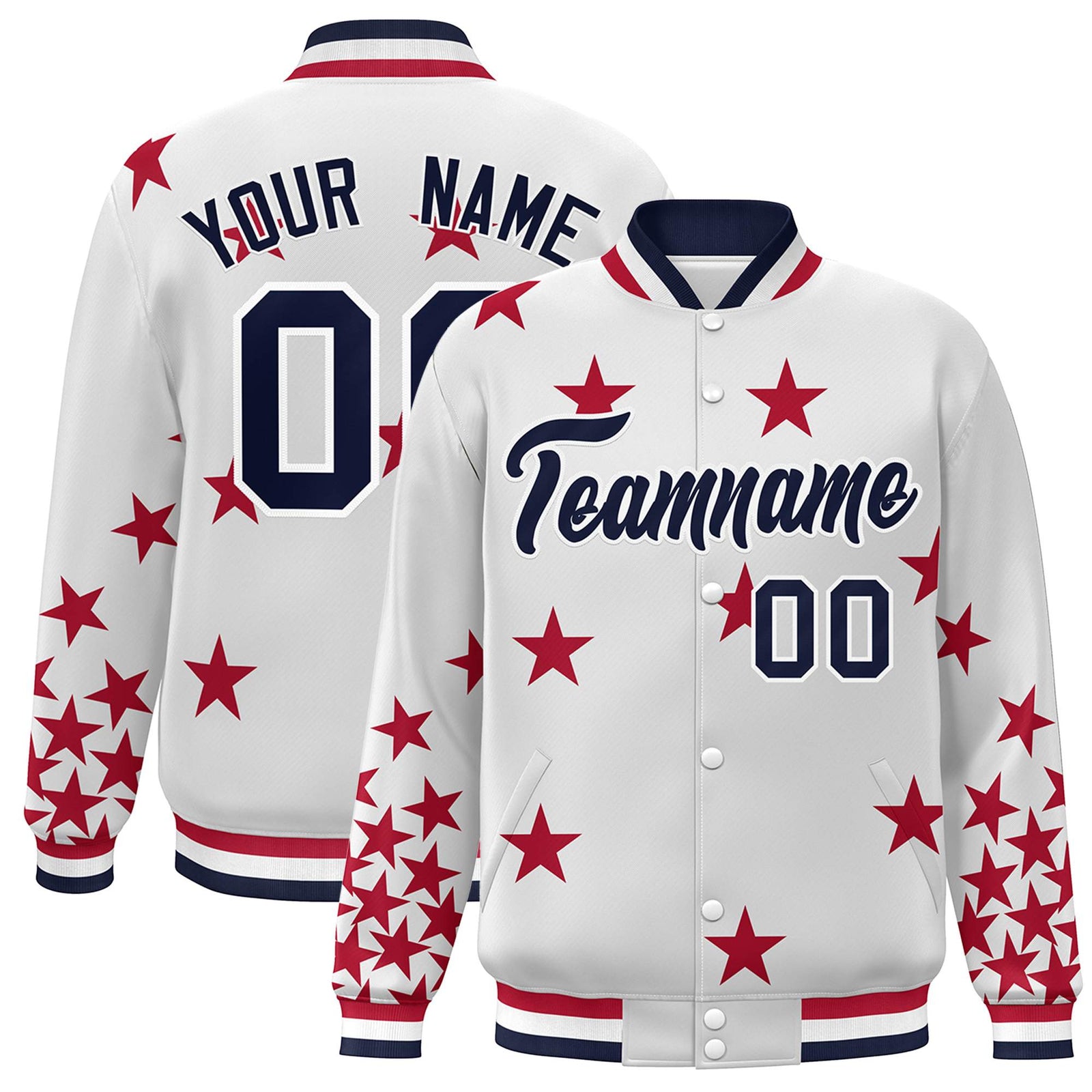 Custom White Navy Star Graffiti Pattern Varsity Full-Snap Bomber Jacket